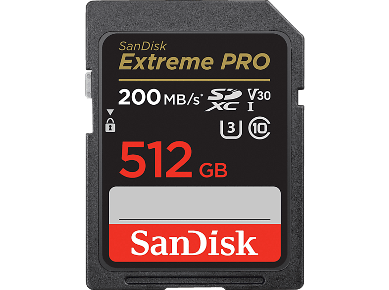 Karta SD SanDisk Extreme PRO 512GB. Tekst zawiera 200MB/s, XC I i V30.