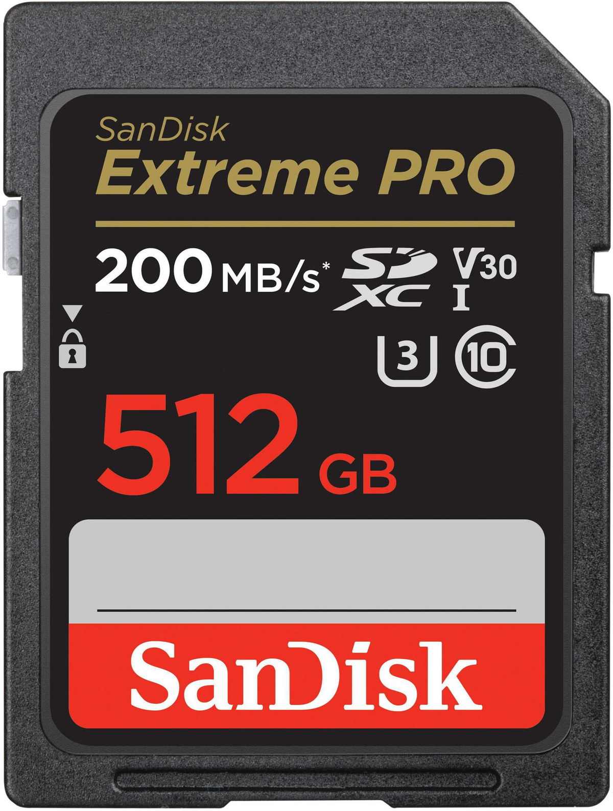 Karta SD Sandisk Extreme PRO 512GB z czerwonym logo Sandisk i białym tekstem.