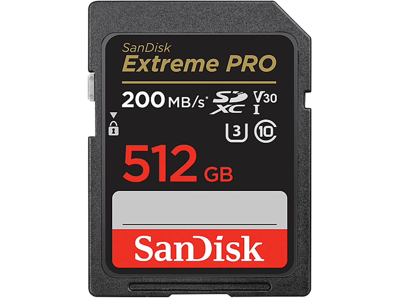Karta SD Sandisk Extreme Pro. Czarna karta z czerwoną etykietą. Pojemność 512 GB.
