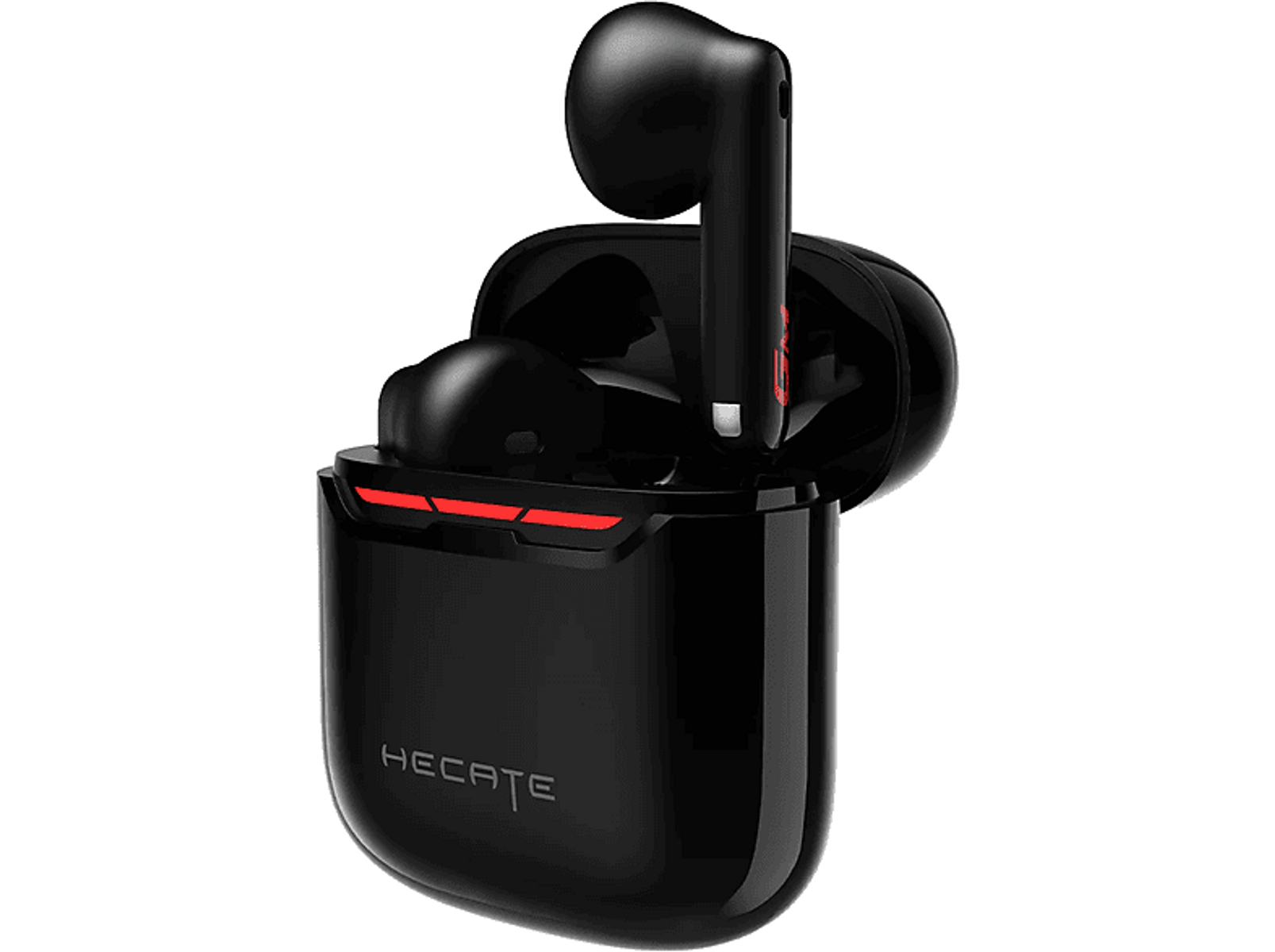 Auricolari wireless neri in una custodia di ricarica. Accenti rossi e la parola HECATE sulla custodia.