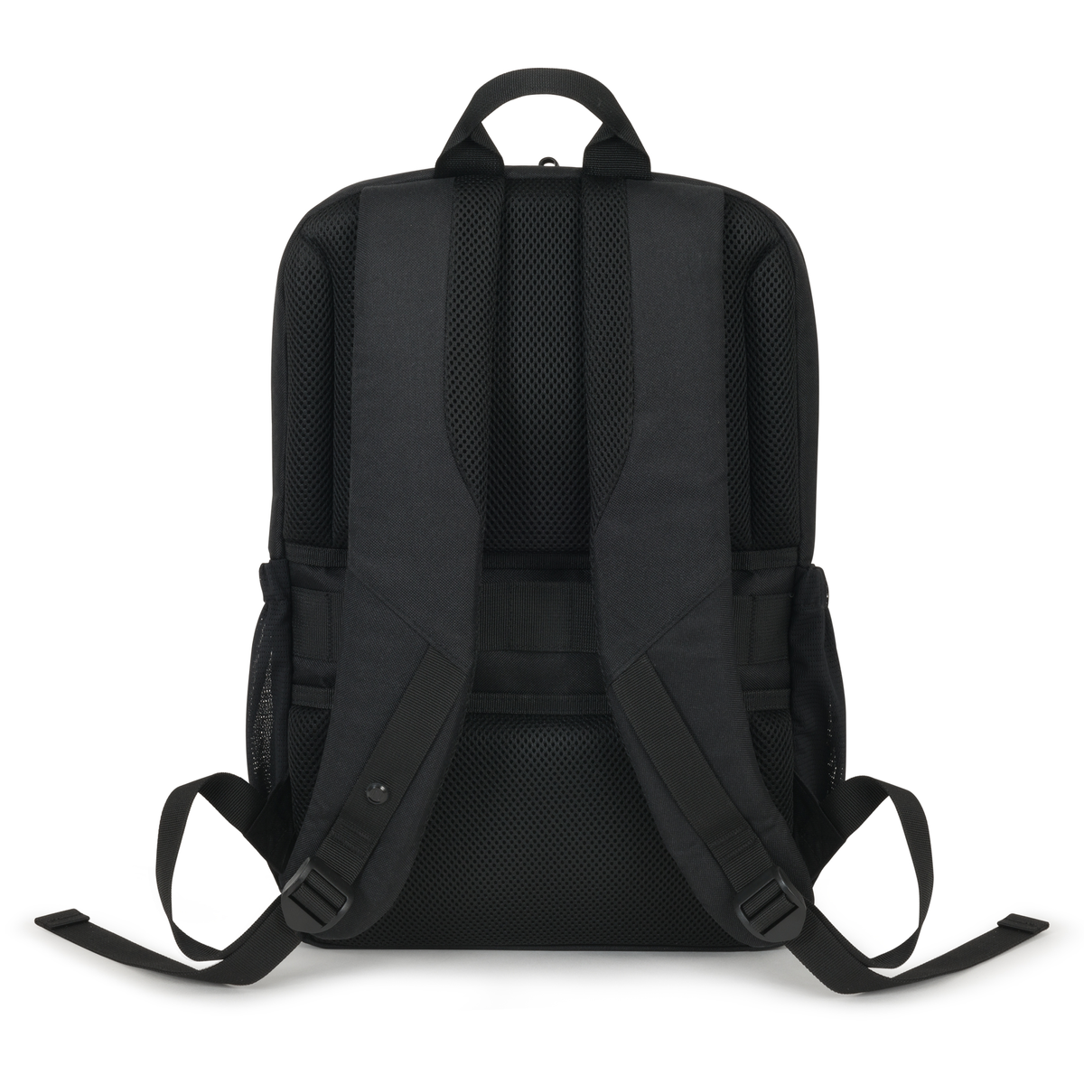 Dos de sac à dos noir. Deux sangles et design en maille au dos.