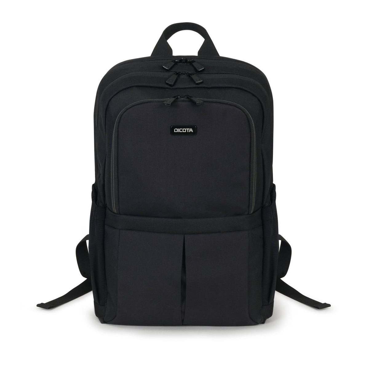 Sac à dos Dicota noir avec plusieurs compartiments et une poignée.