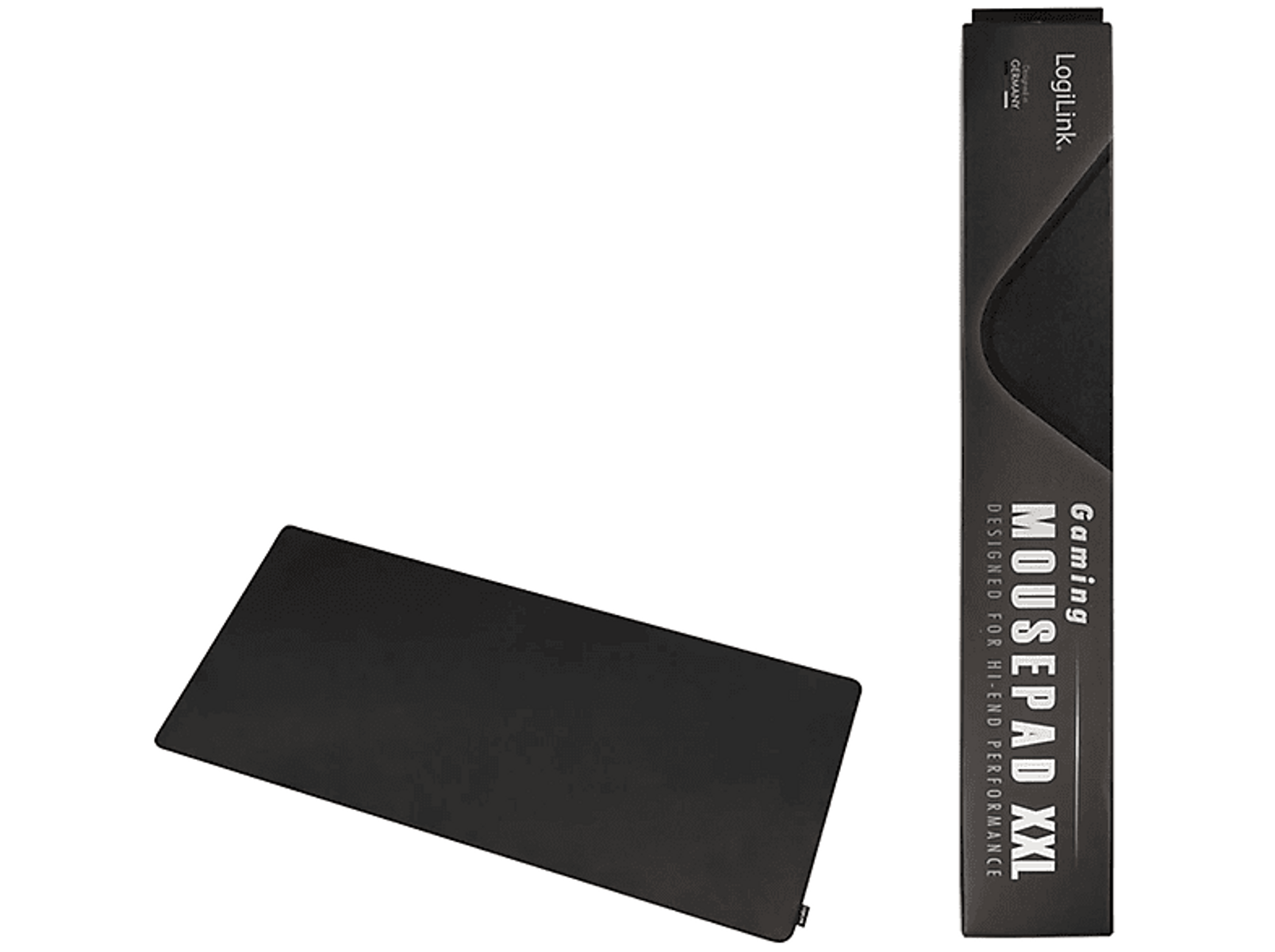 Ein schwarzes XXL-Mauspad und seine Verpackung. Das Pad ist schwarz und die Box ist schwarz-weiß.