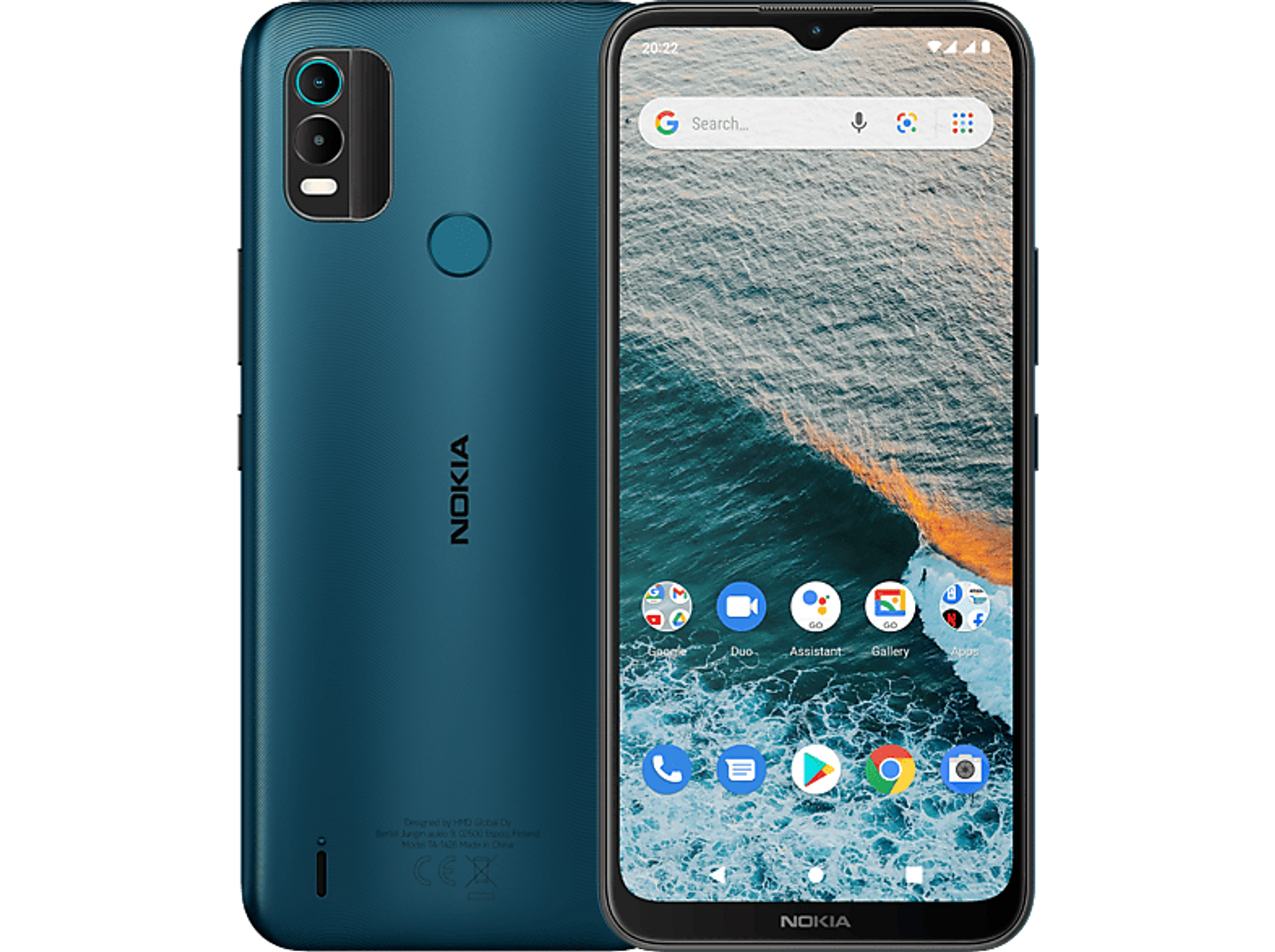 Niebieski telefon Nokia z dwoma aparatami z tyłu i przednim aparatem. Ekran jest włączony.