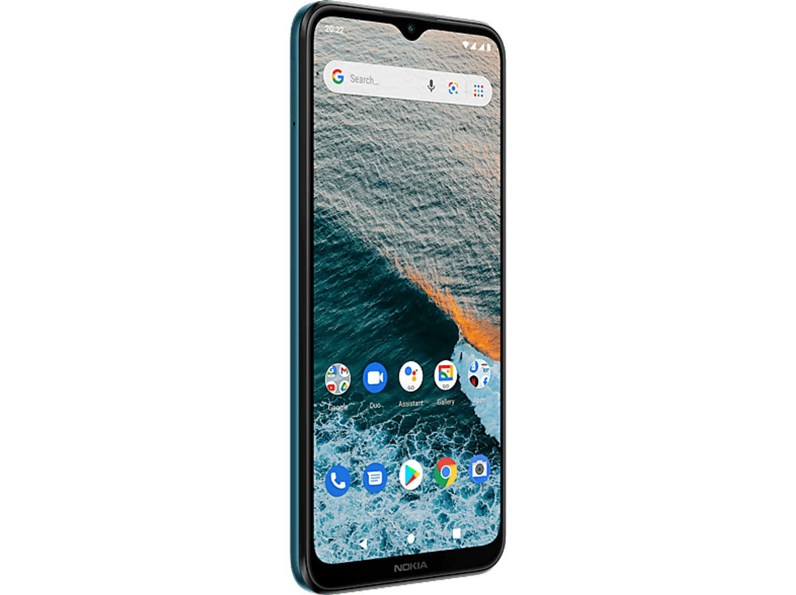 Niebieski smartfon Nokia wyświetla wzór fal. Aplikacje są widoczne na ekranie.