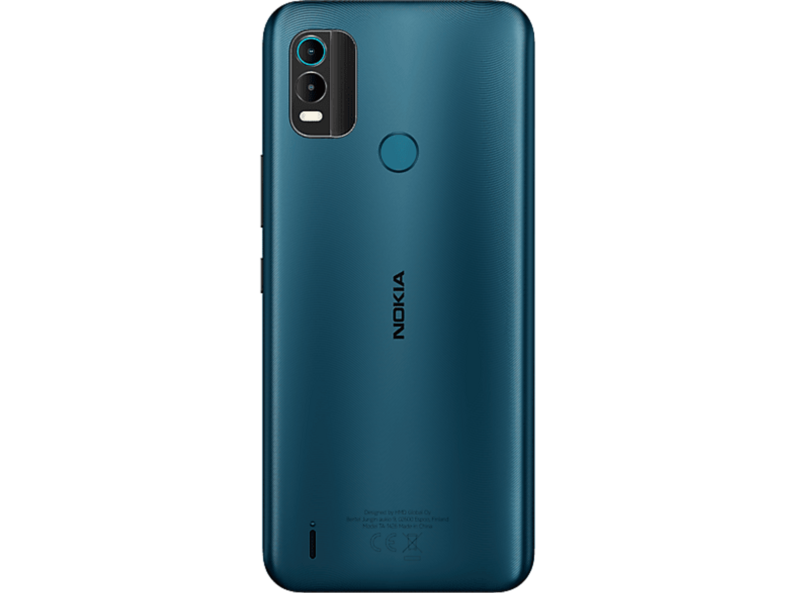 Tył turkusowego smartfona Nokia z aparatem i logo.