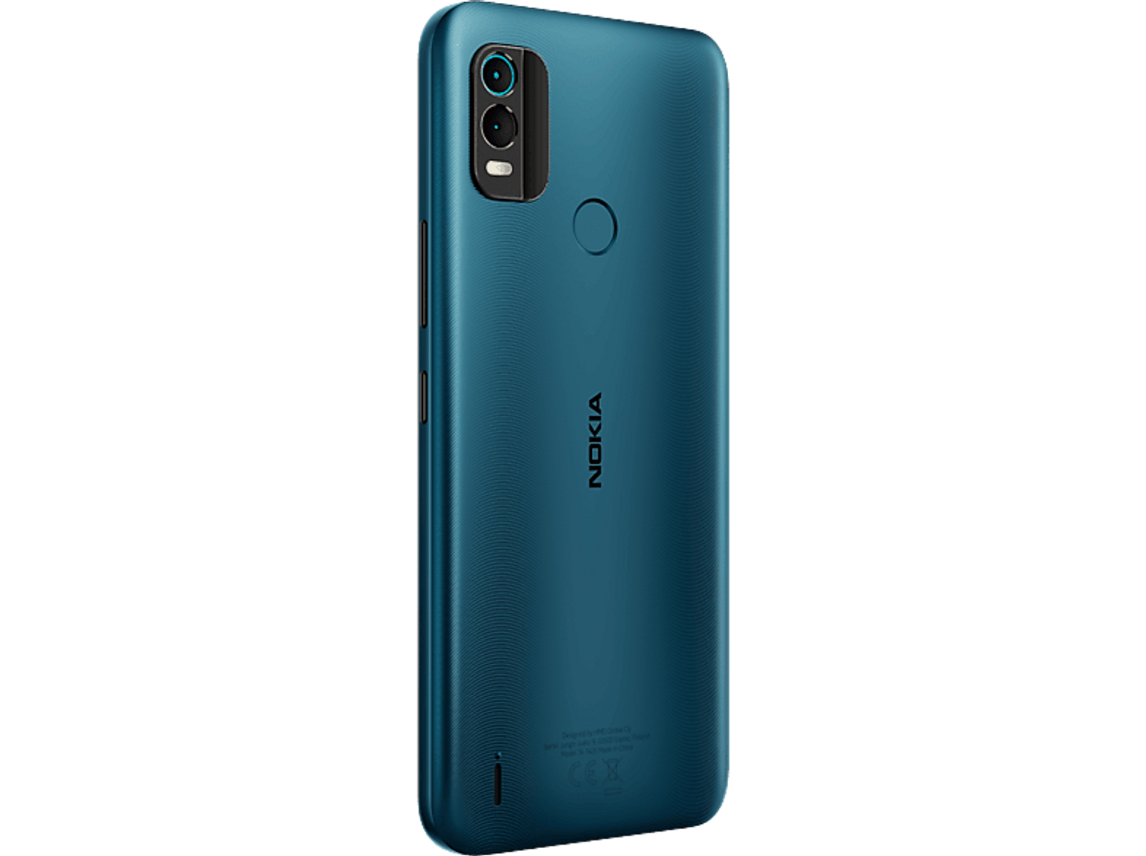 Niebieski smartfon Nokia, widok z tyłu. Widoczna kamera, czujnik linii papilarnych i nazwa marki.