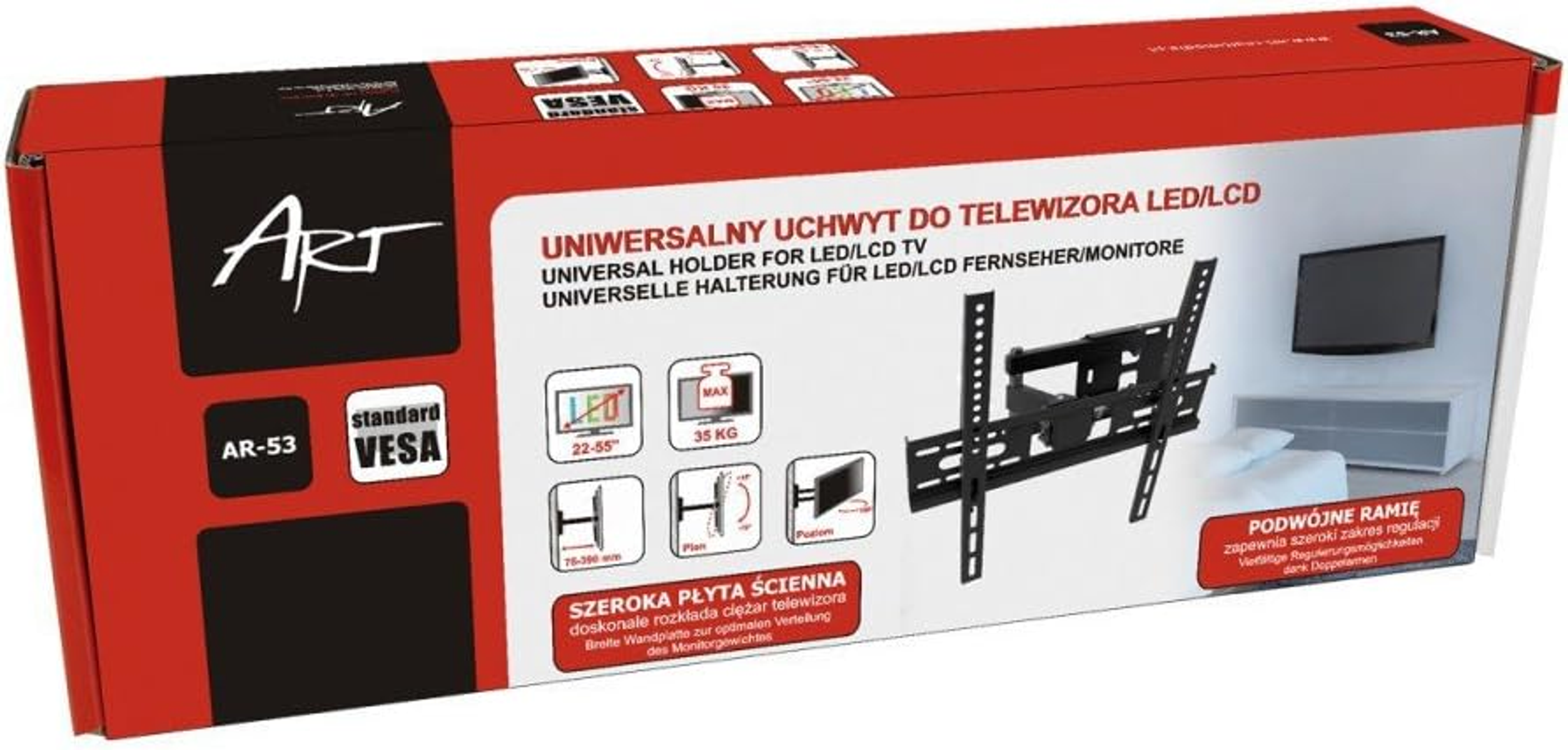 Karton mit TV-Halterungsdiagramm. Text: Universalhalterung für LED/LCD-TV. Schwarzes und rotes Design.