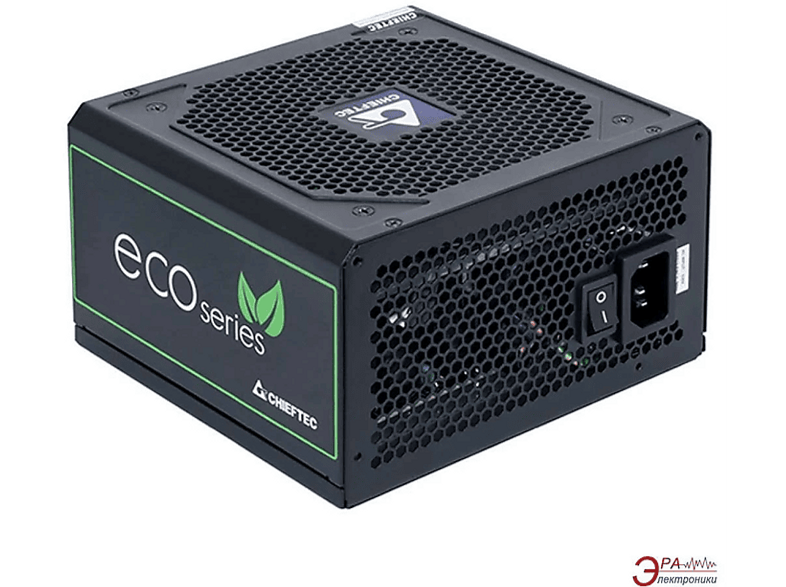 Zwarte computer voeding met groen 'eco series' label en een ventilator.