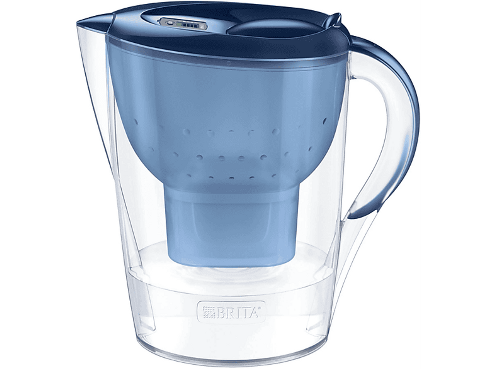 Ein blauer Wasserfilter-Krug. Er hat einen blauen Filter und Deckel. Der Krug ist transparent.