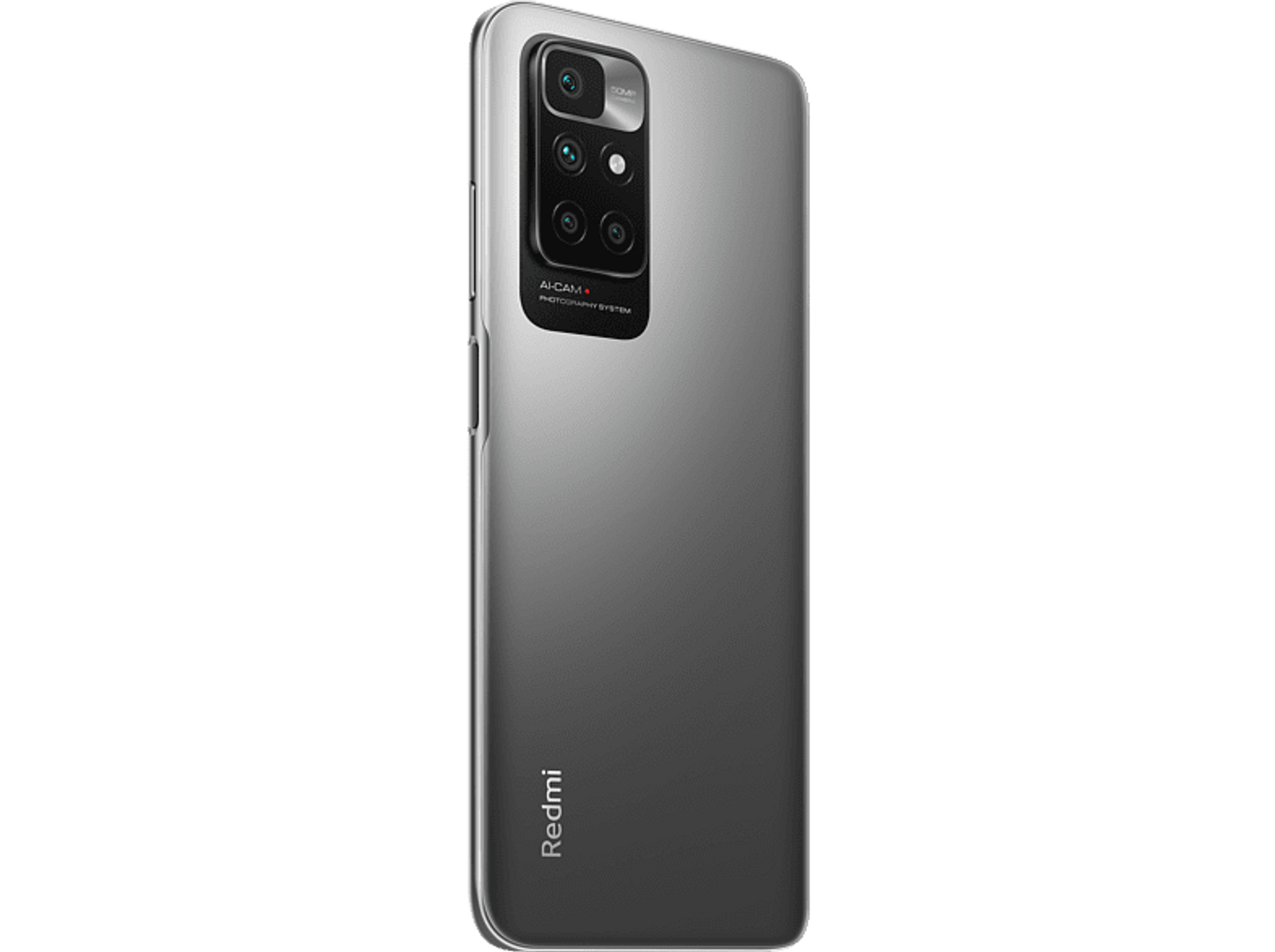 Smartphone gris, vista trasera, con múltiples cámaras y el logo de Redmi.