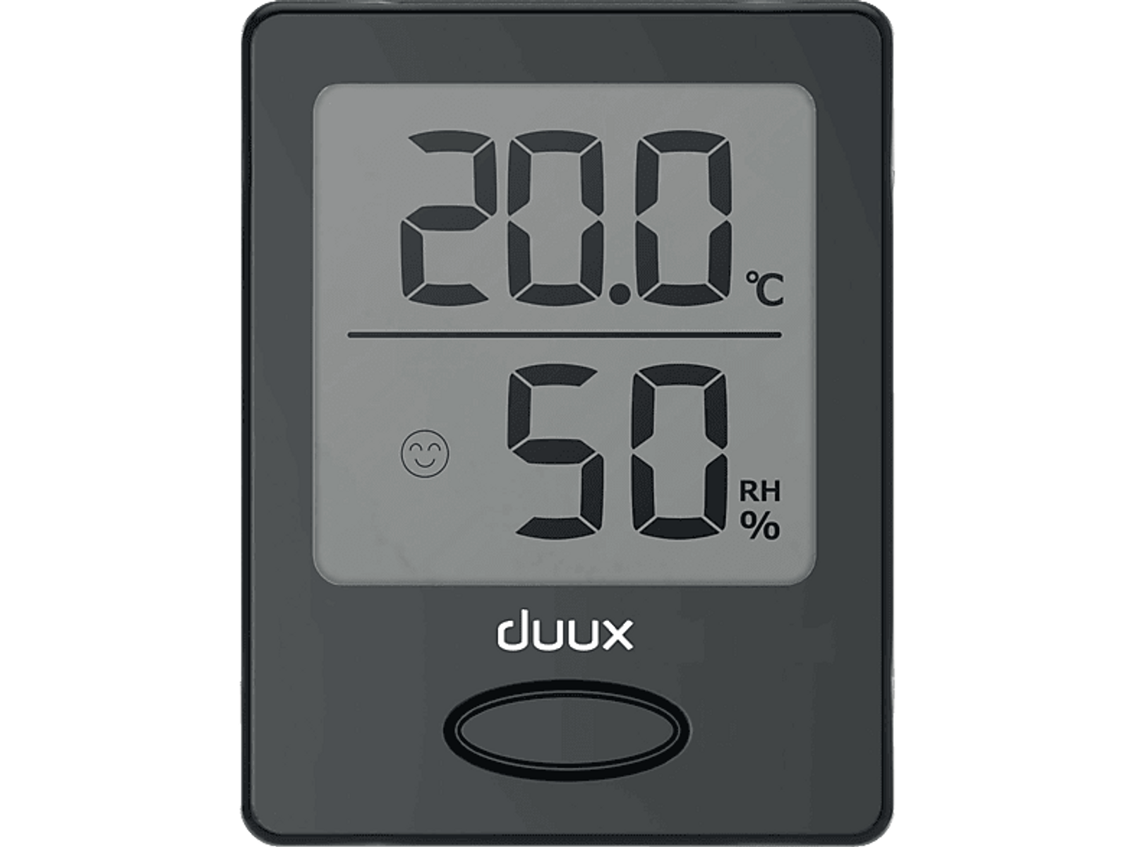 Un termómetro digital negro que muestra 20.0°C y 50% HR.