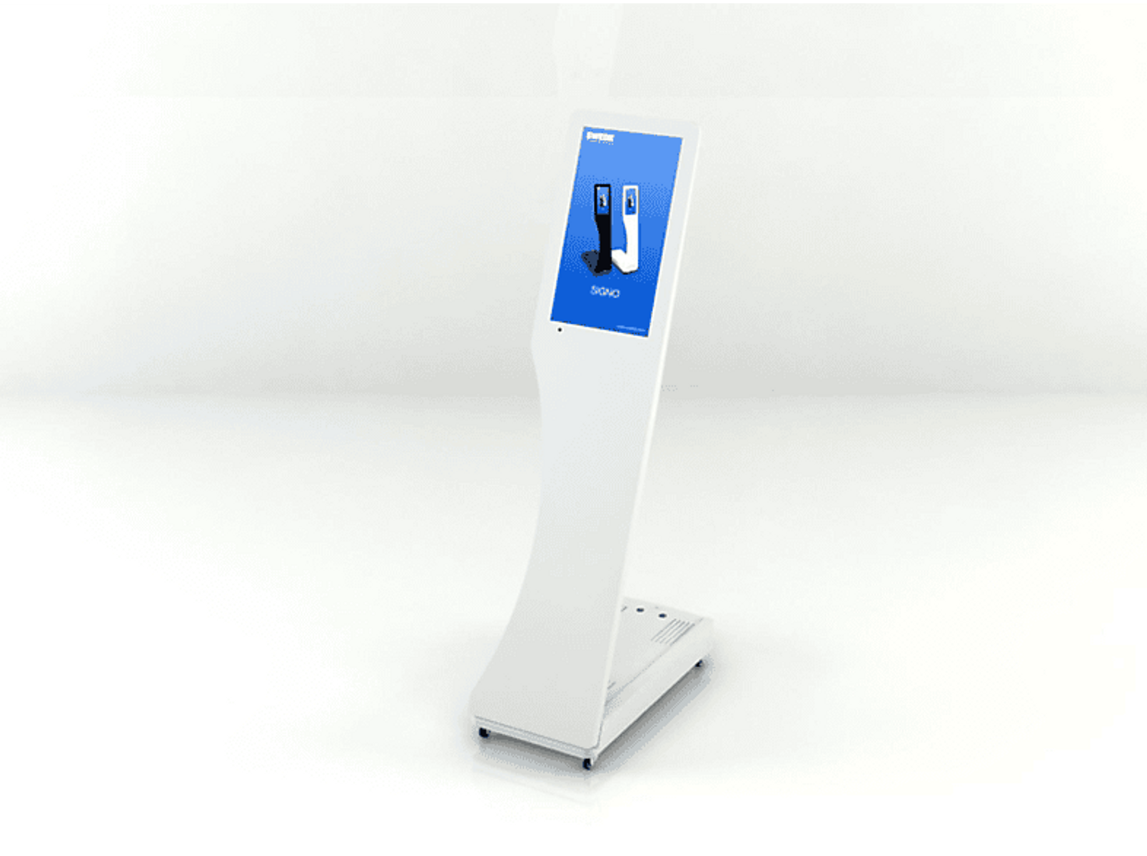 Weißer interaktiver Kiosk mit Bildschirm, der zwei Telefonbilder, ein Zeichen und weißen Hintergrund zeigt.