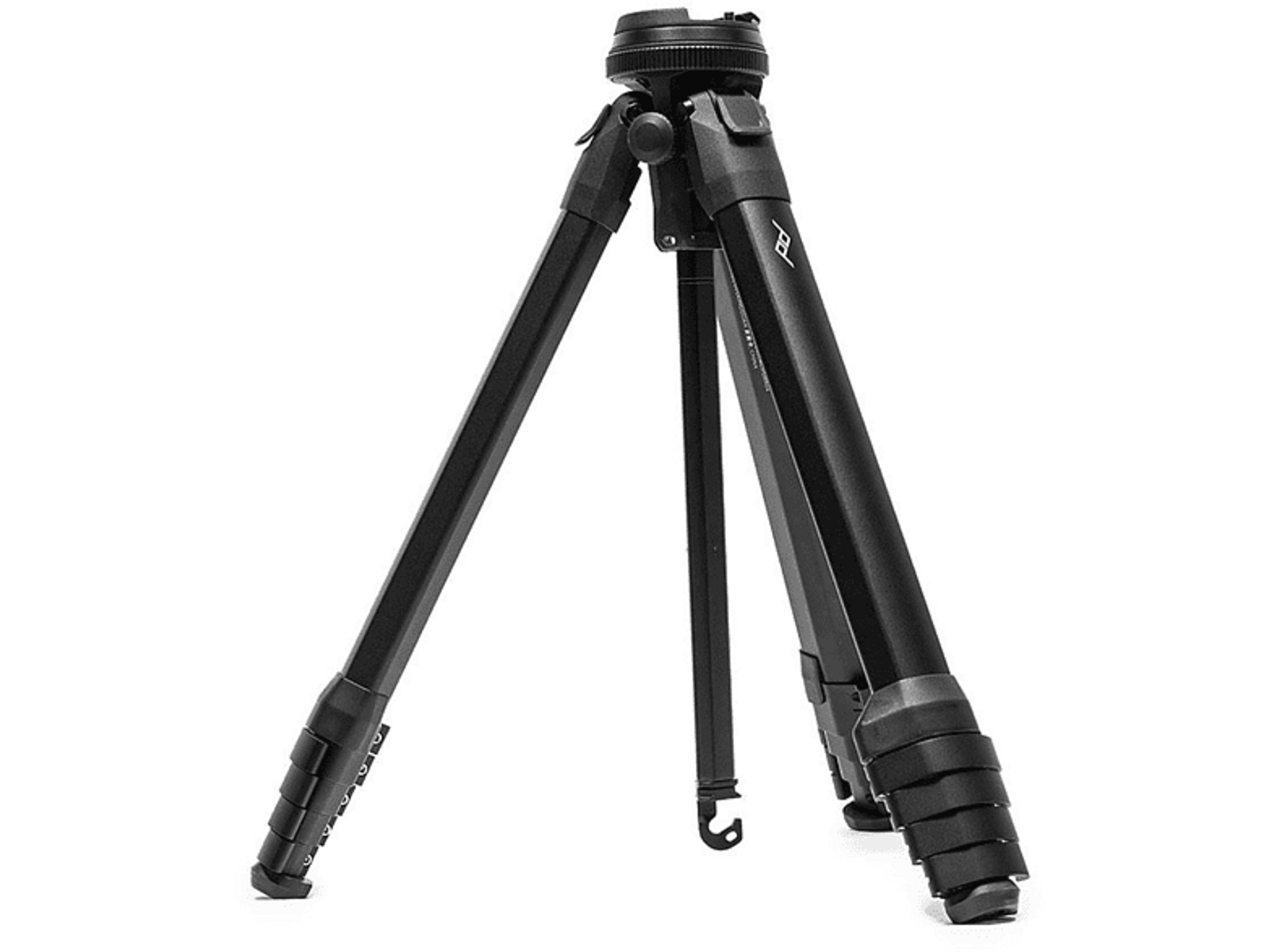 Czarny statyw z rozłożonymi nogami na białej powierzchni. Ma kolumnę centralną.