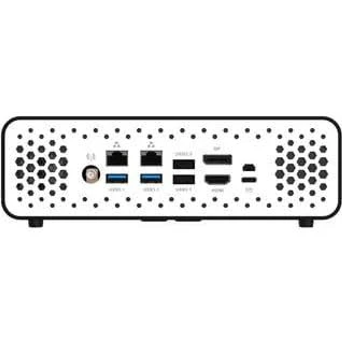 Weißes Gerät mit schwarzen Punkten und Anschlüssen. Rückansicht, Anschlüsse inkl. USB, Ethernet, HDMI.