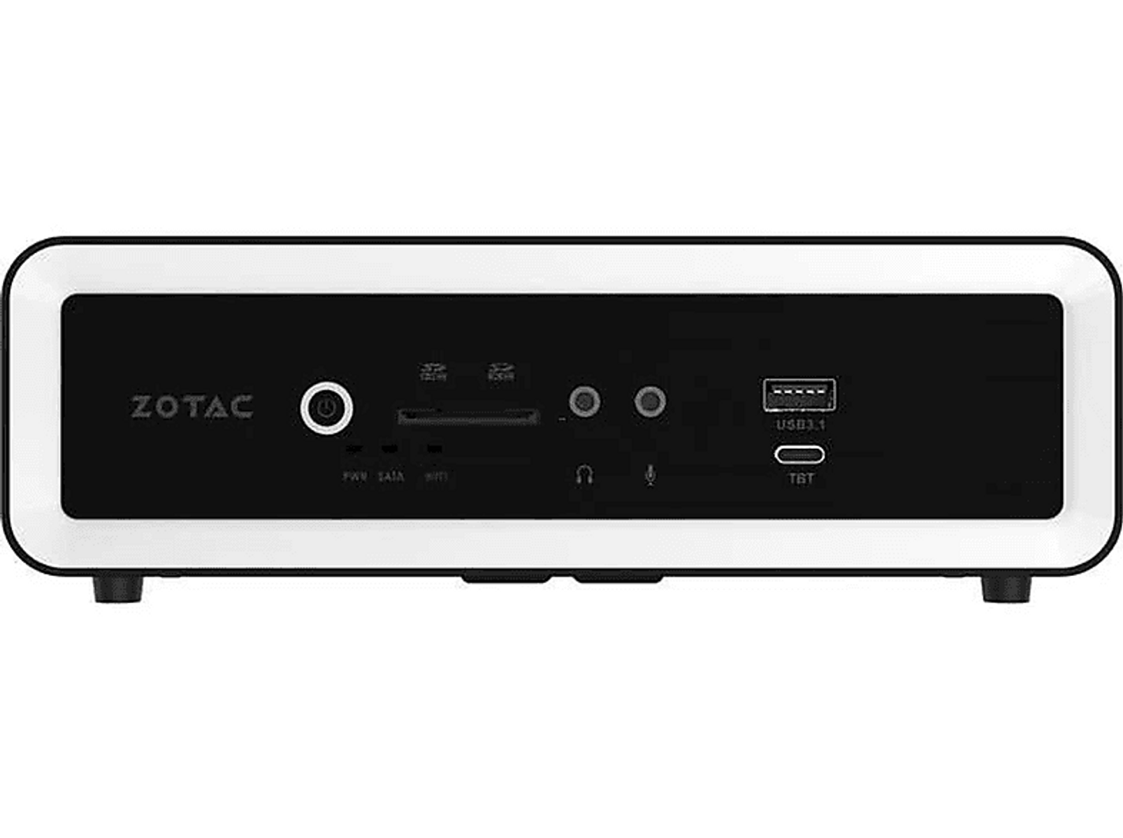 Rückseite eines ZOTAC Mini-PCs. Es hat verschiedene Anschlüsse, einschließlich USB- und Audioanschlüssen.