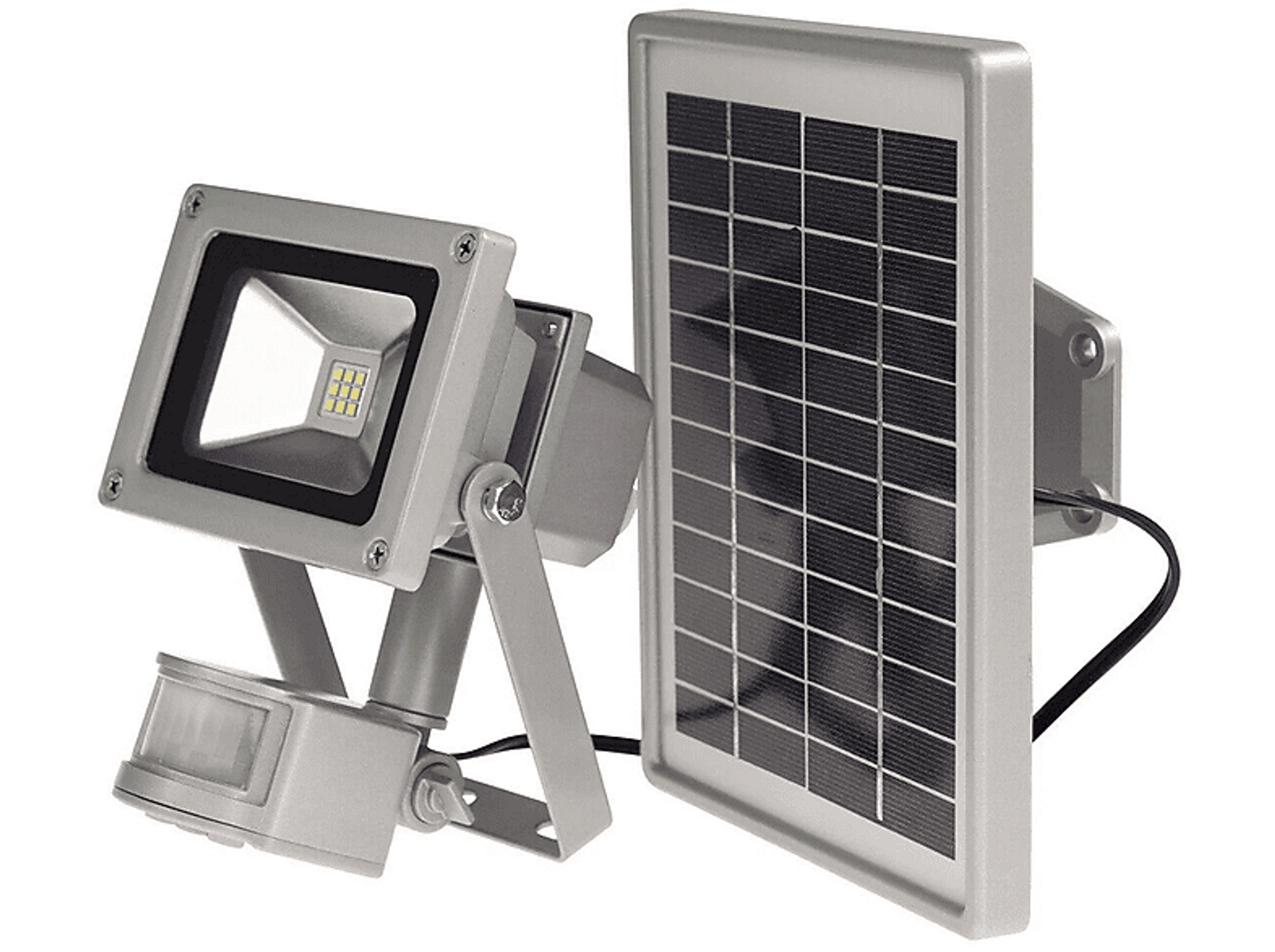 Ein silberner Flutlichtstrahler mit einem Solarpanel. Das Panel befindet sich rechts.