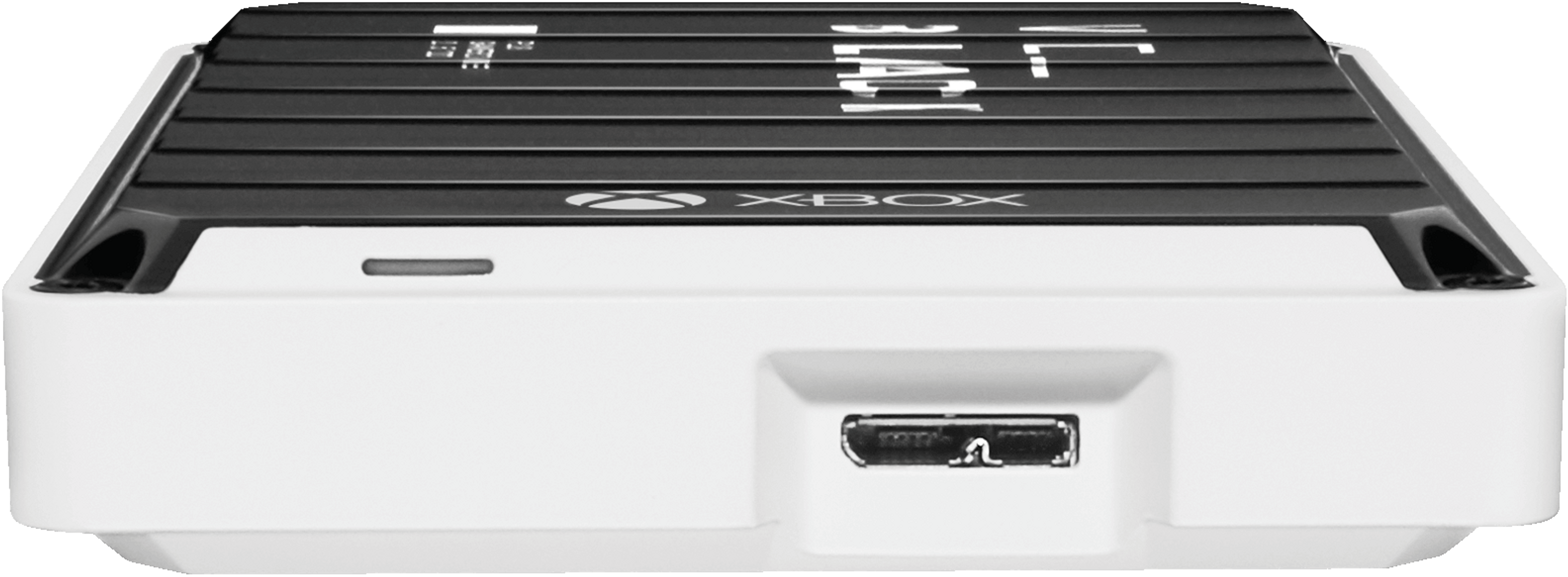 Biała konsola Xbox z czarną górą i portami.