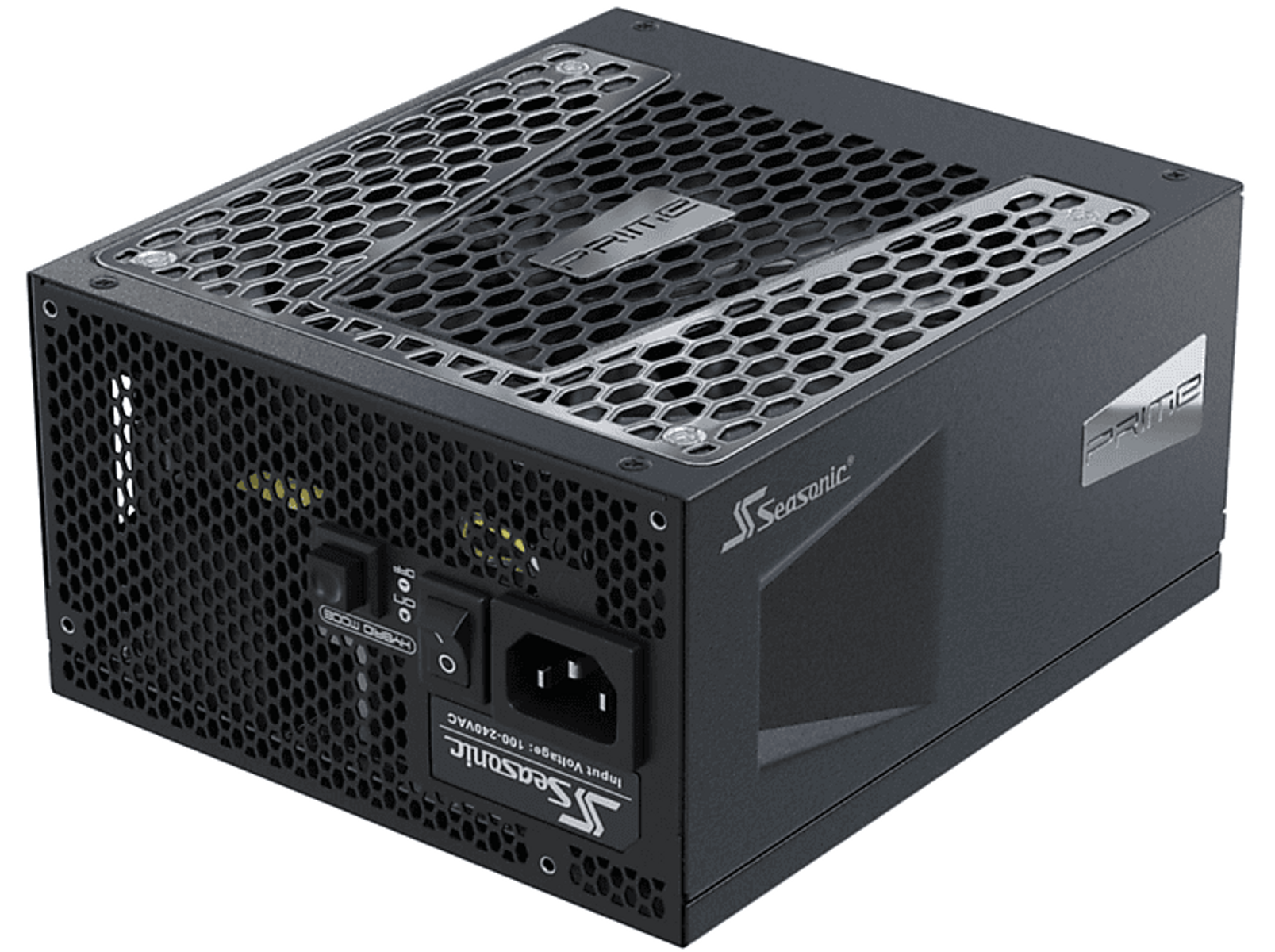 Alimentatore per computer nero con una griglia a nido d'ape e la parola PRIME. Ha una ventola.