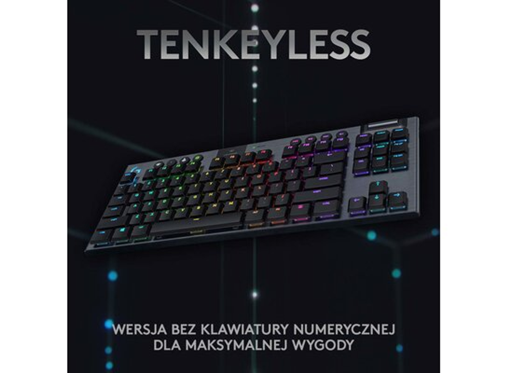 Tastiera nera tenkeyless con tasti retroilluminati, testo 'TENKEYLESS' e luci blu.