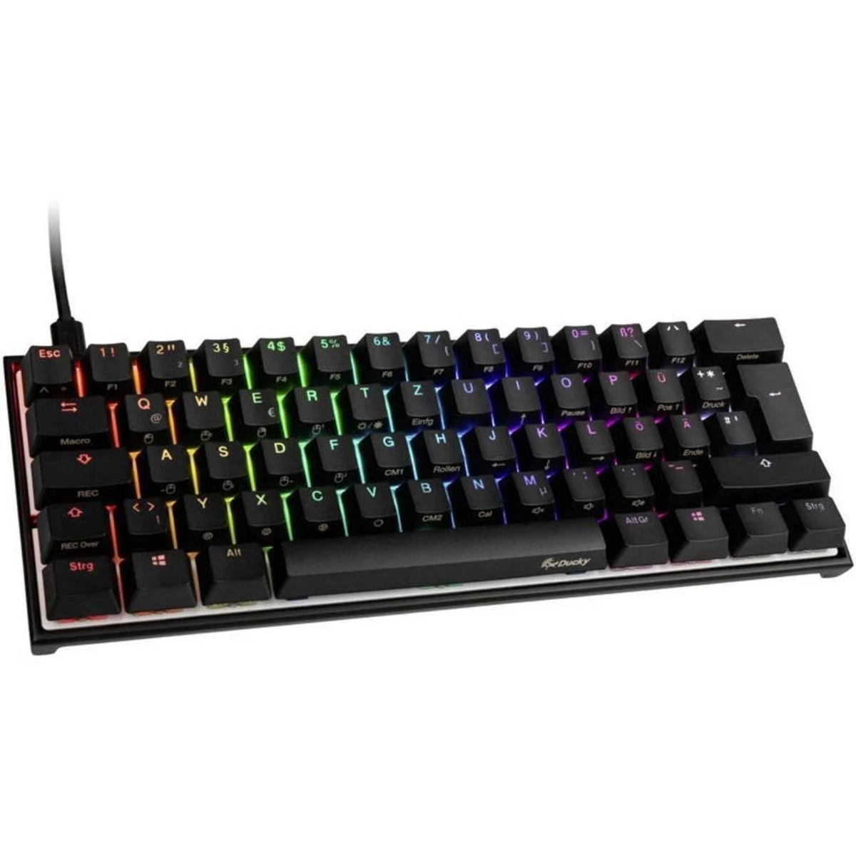 Eine kompakte, hintergrundbeleuchtete mechanische Tastatur mit Regenbogen-Tasten und schwarzem Rahmen.