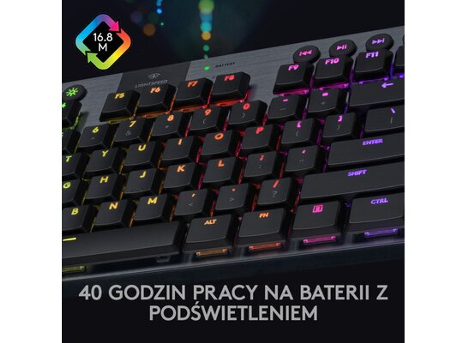 Tastiera nera con tasti colorati, stato della batteria e logo lightspeed.
