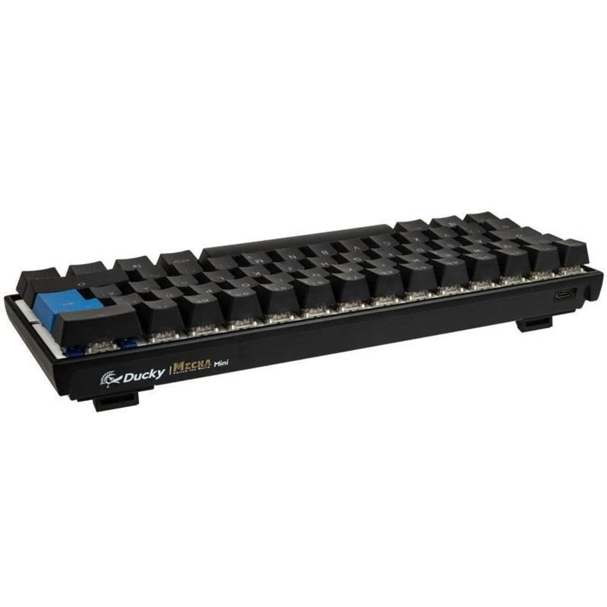Eine schwarze Ducky Mecha Mini Tastatur. Sie hat schwarze Tasten, eine blaue Escape-Taste.
