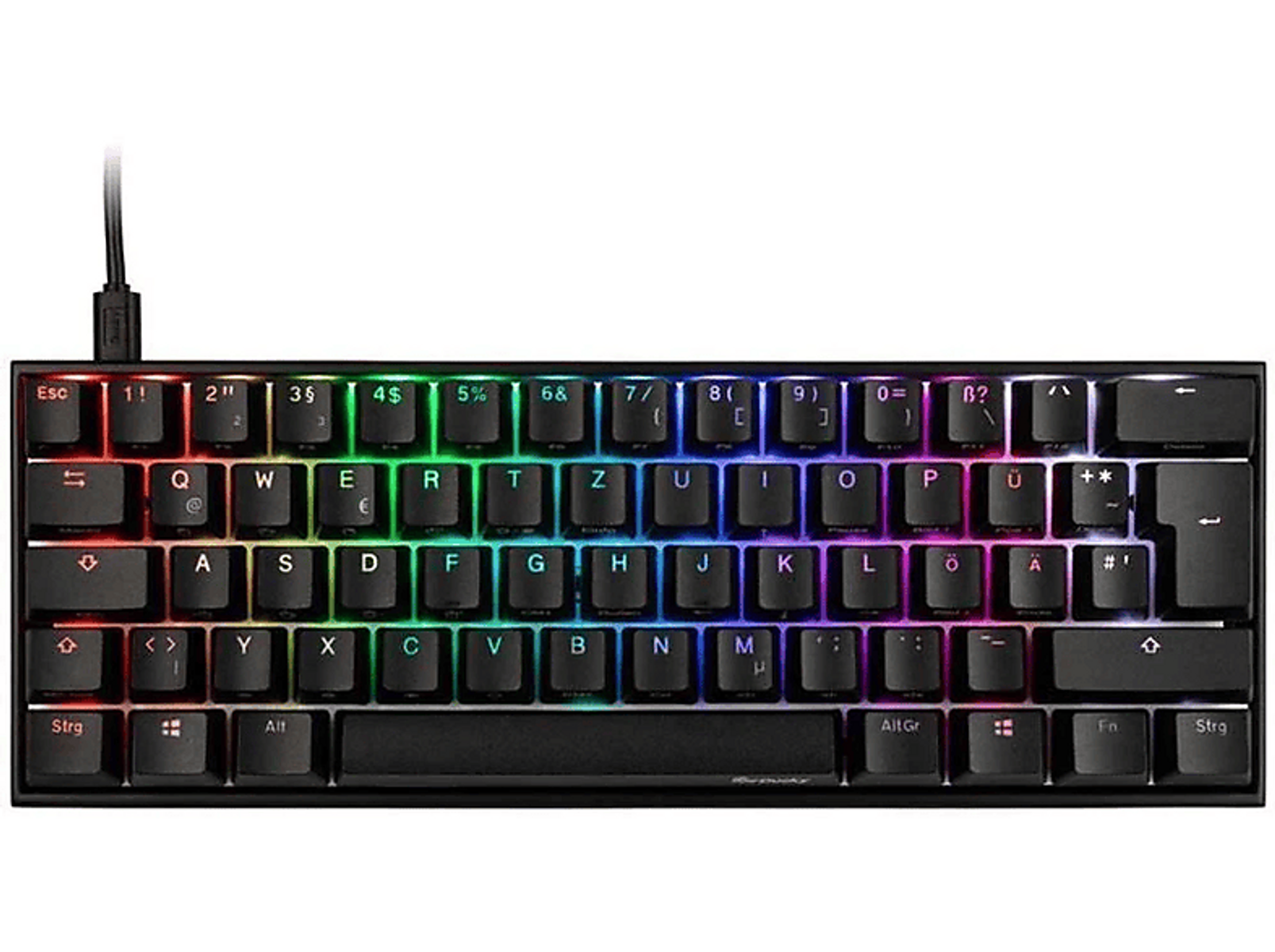 Schwarze, kompakte Tastatur mit regenbogenfarbenen Tasten. USB-Kabel an der Tastatur befestigt.