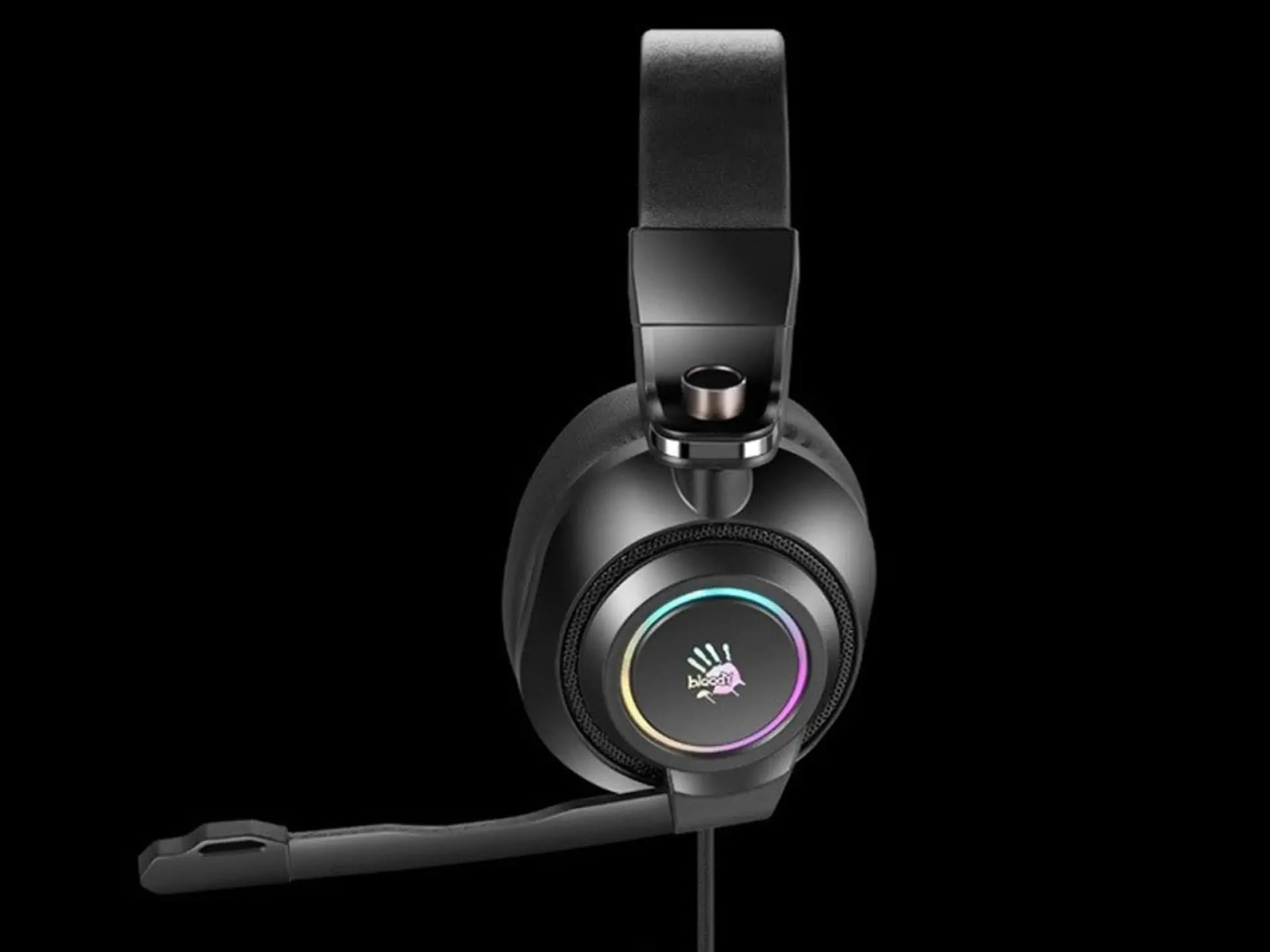 Czarny zestaw słuchawkowy dla graczy. Na słuchawkach kolorowy pierścień LED. Dołączony mikrofon.