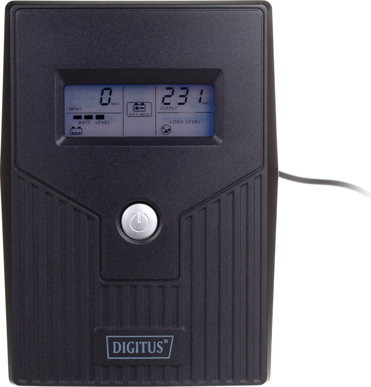 Schwarzes USV-Gerät mit Display. Zeigt Eingangsspannung, Ausgangsspannung und Batteriestand. Power-Taste.