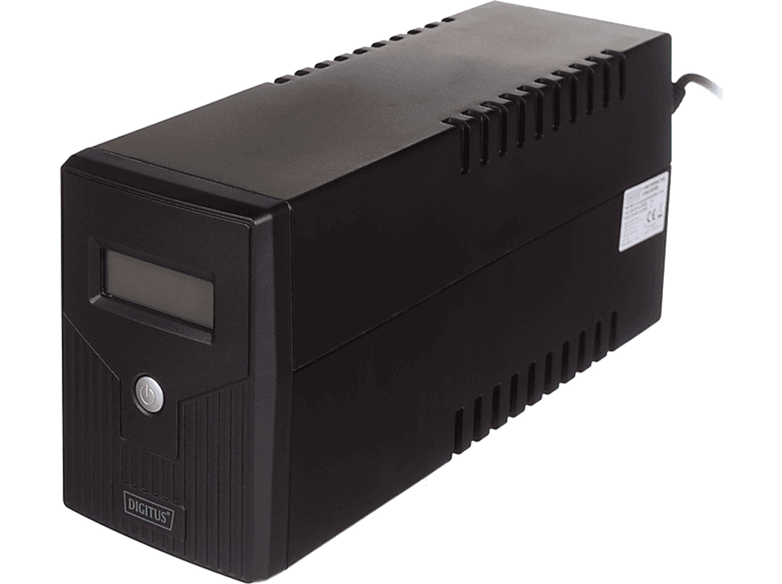 Schwarze USV. Rechteckige Form, mit LCD-Bildschirm und Ein-/Aus-Taste. Weißer Hintergrund.