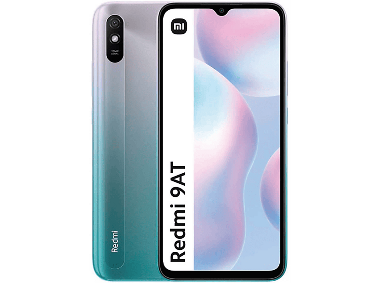 Ein Smartphone mit einer grün-grauen Rückseite und einem Bildschirm mit weißer Oberfläche.