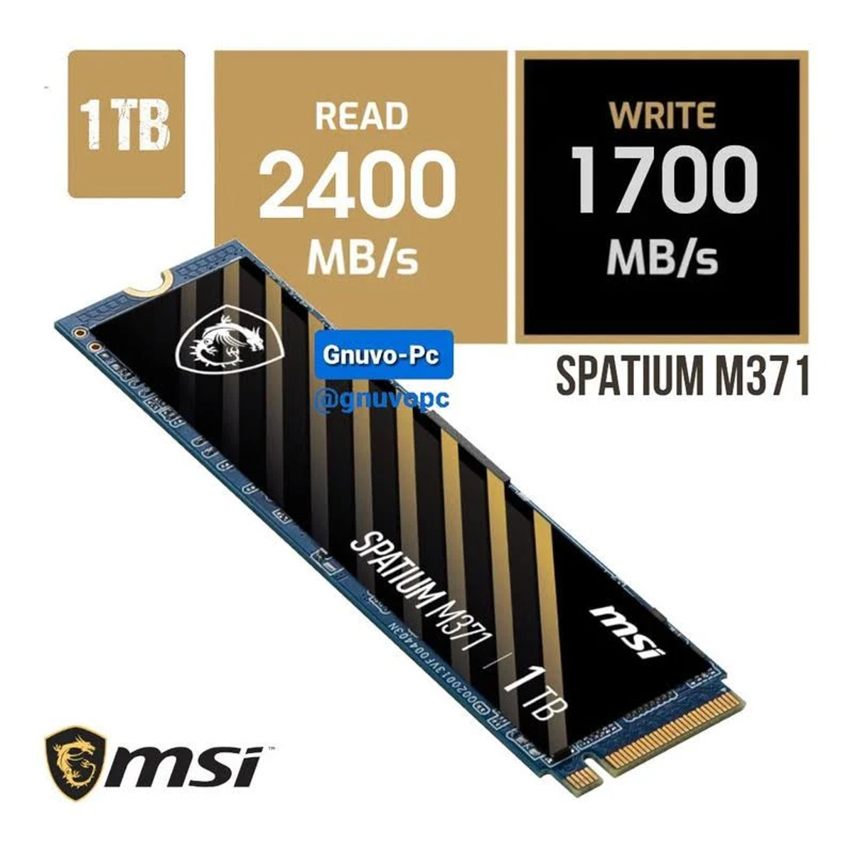 Dysk SSD MSI Spatium M371 z prędkością odczytu/zapisu. Ma radiator i pojemność 1 TB.