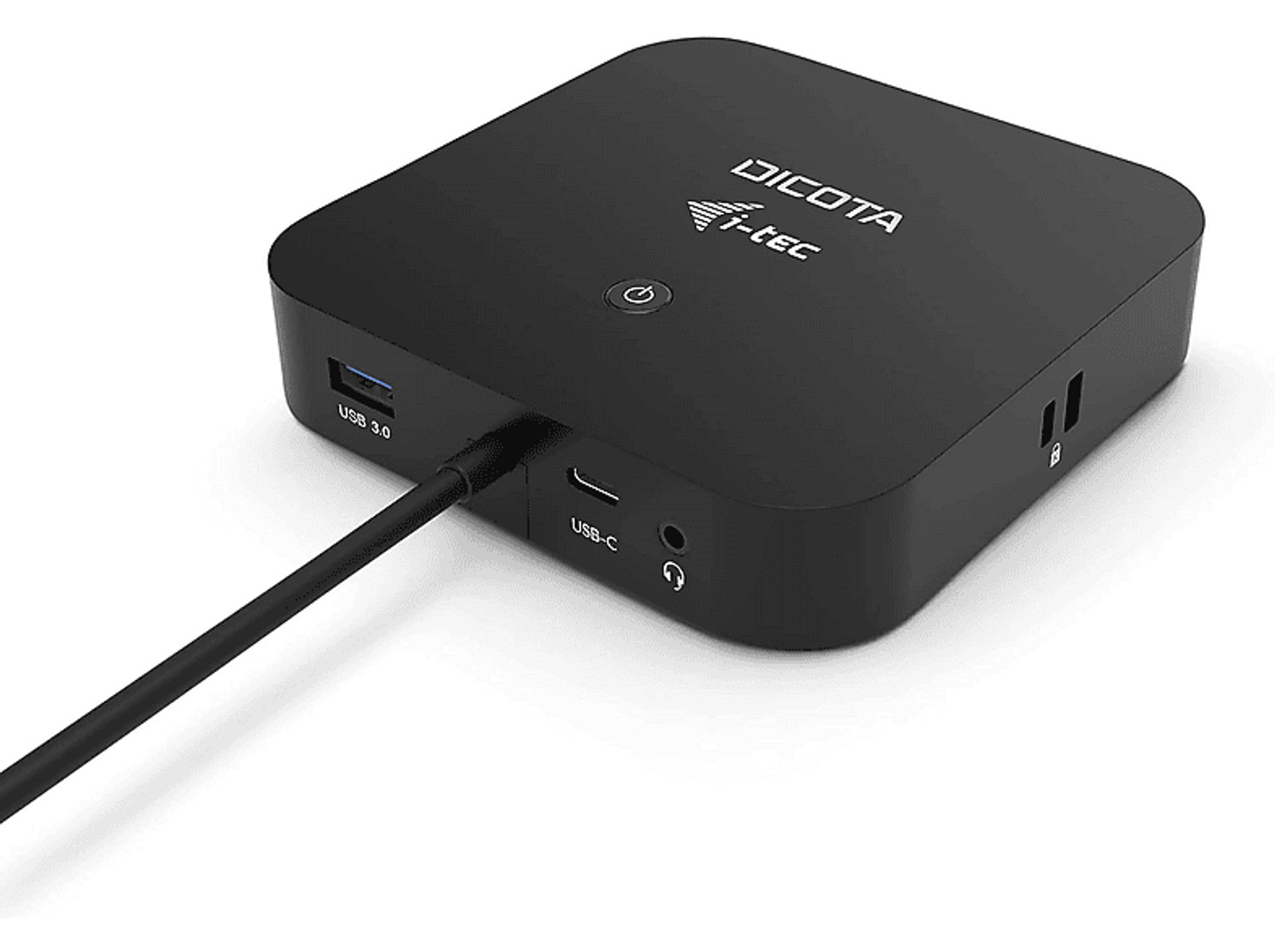 Schwarze Dicota T-tec Dockingstation mit USB- und USB-C-Anschlüssen und angeschlossenem Kabel.