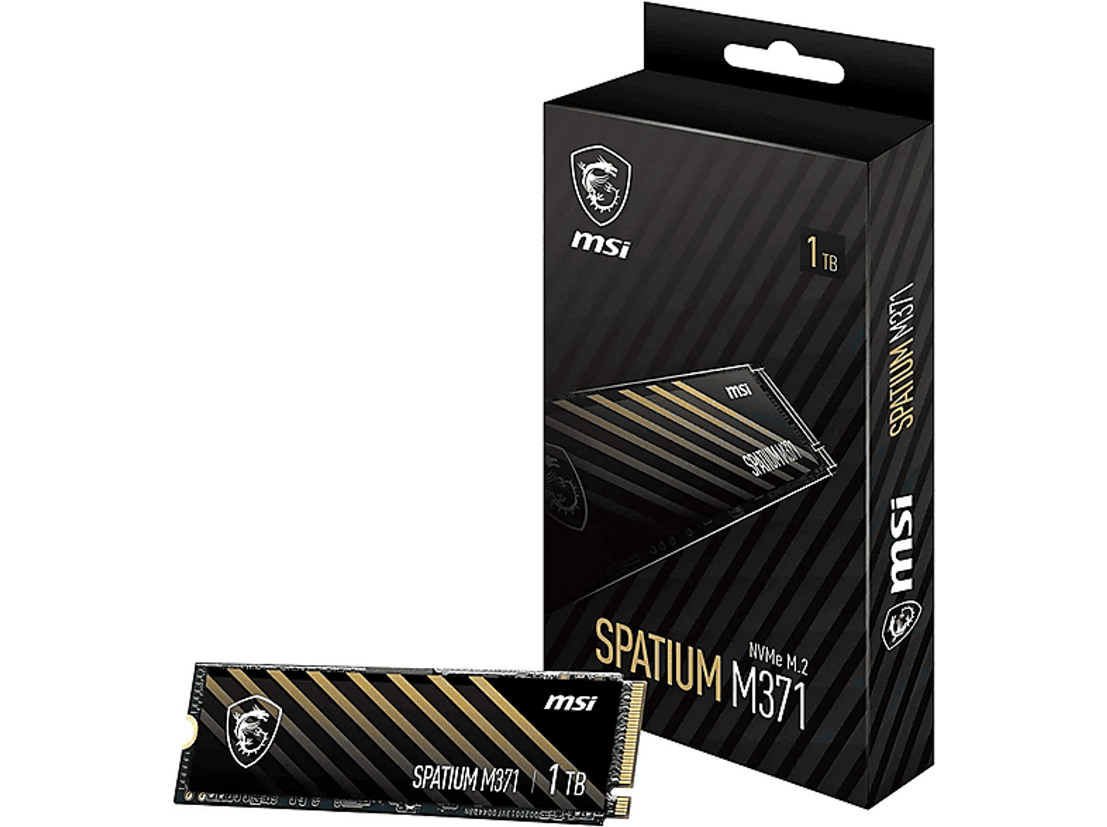 Pakiet i dysk MSI Spatium M371 NVMe SSD. Czarno-złoty design. Pojemność 1 TB.