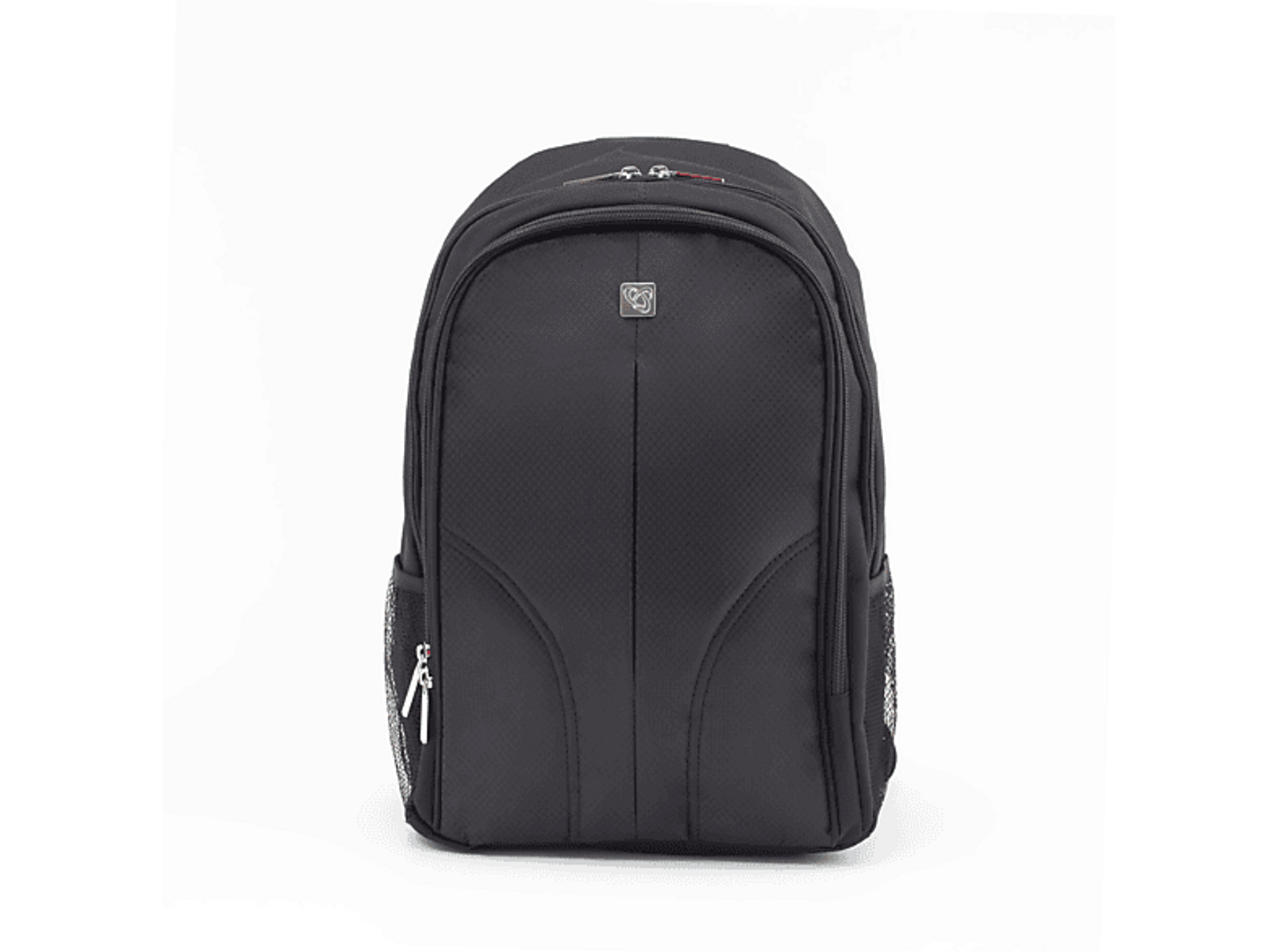Zaino nero con cucitura verticale e piccolo logo frontale.