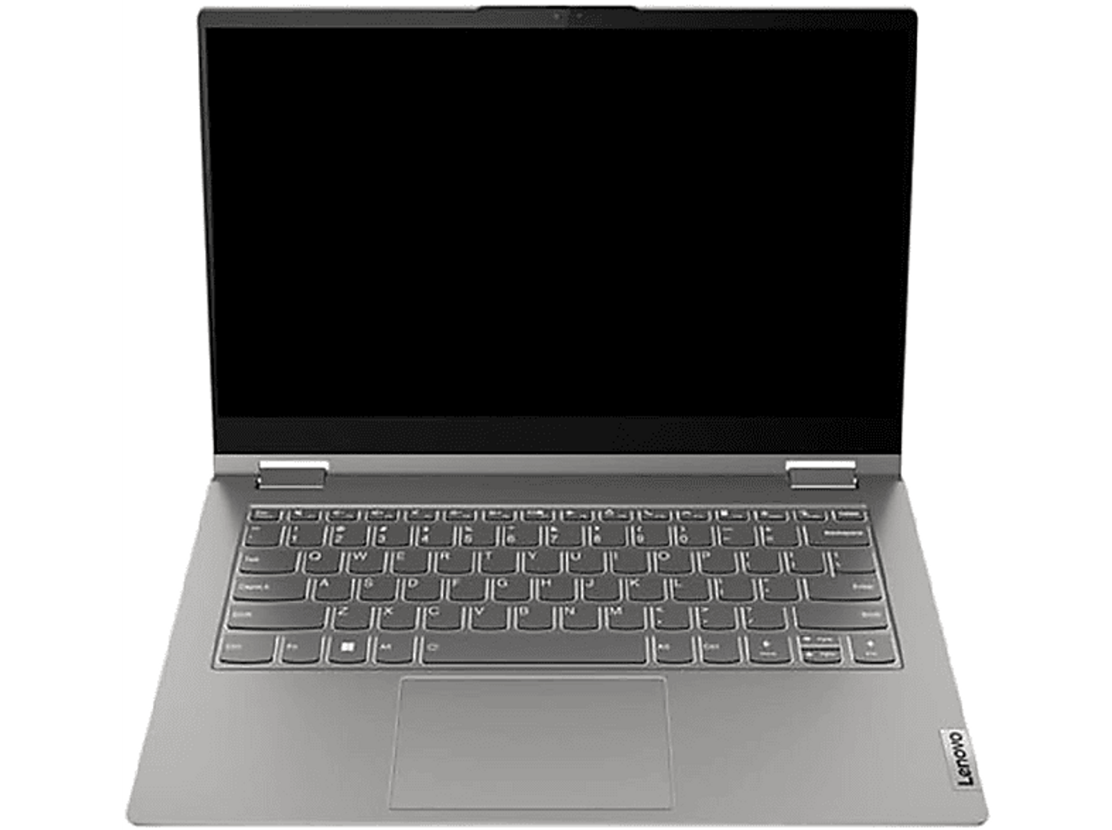 Ein Lenovo-Laptop ist geöffnet, der Bildschirm ist schwarz und die Tastatur ist sichtbar.