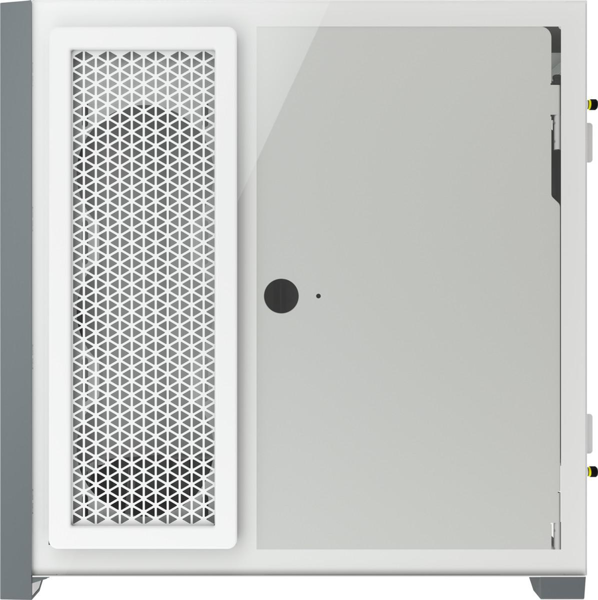 Obudowa komputera Corsair, biało-szara, ze szklanym panelem, białe tło.