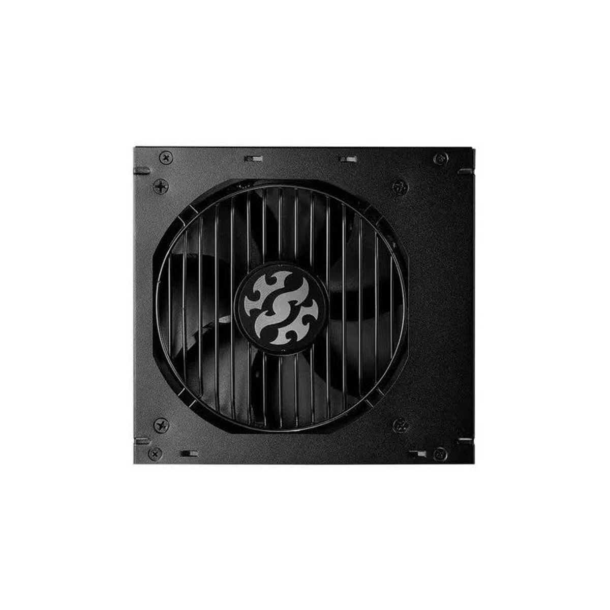 Czarny wentylator komputerowy z kratką ochronną. Wentylator ma centralne logo.