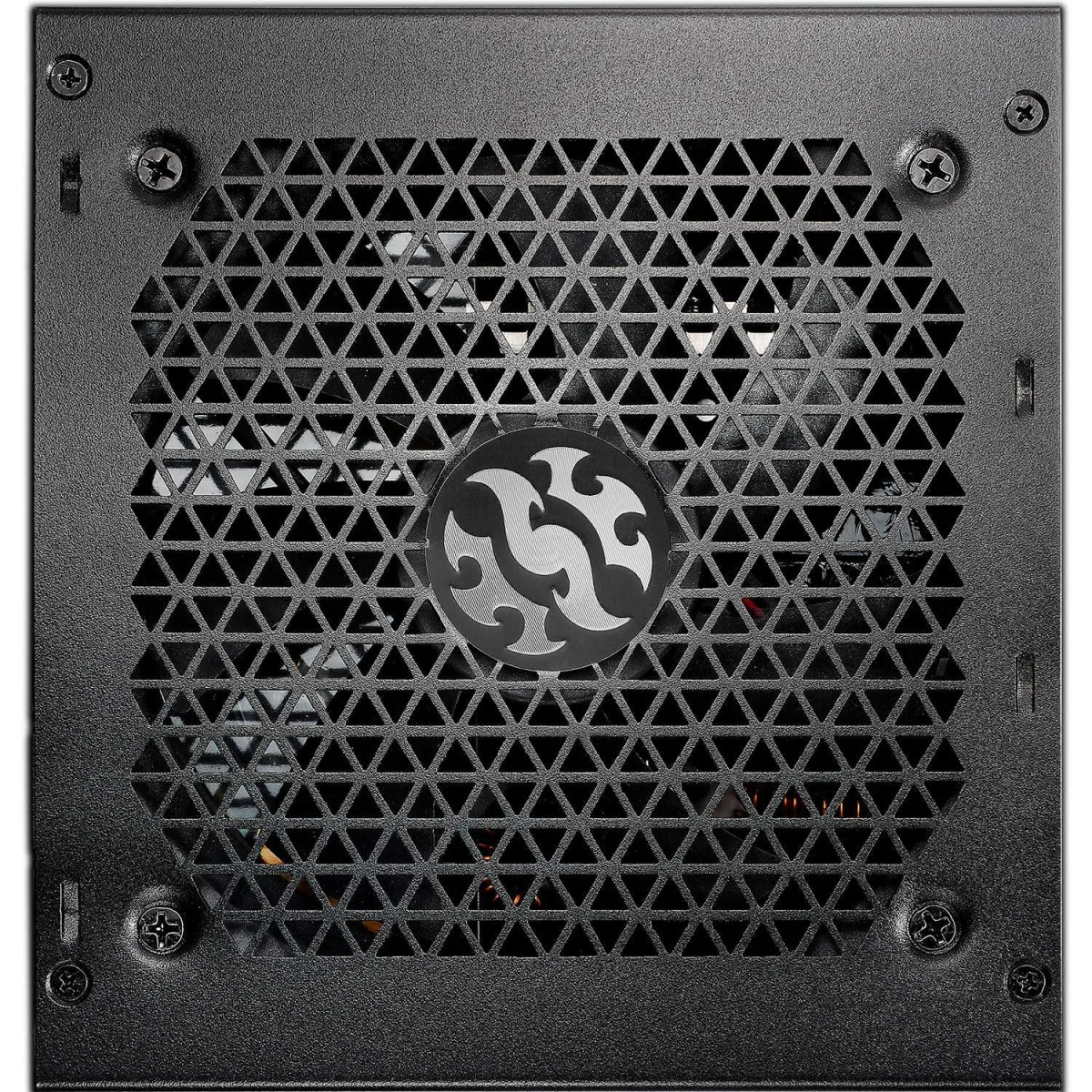 Zbliżenie czarnego wentylatora zasilacza komputera. Sześciokątna siatka. Śruby mocują.