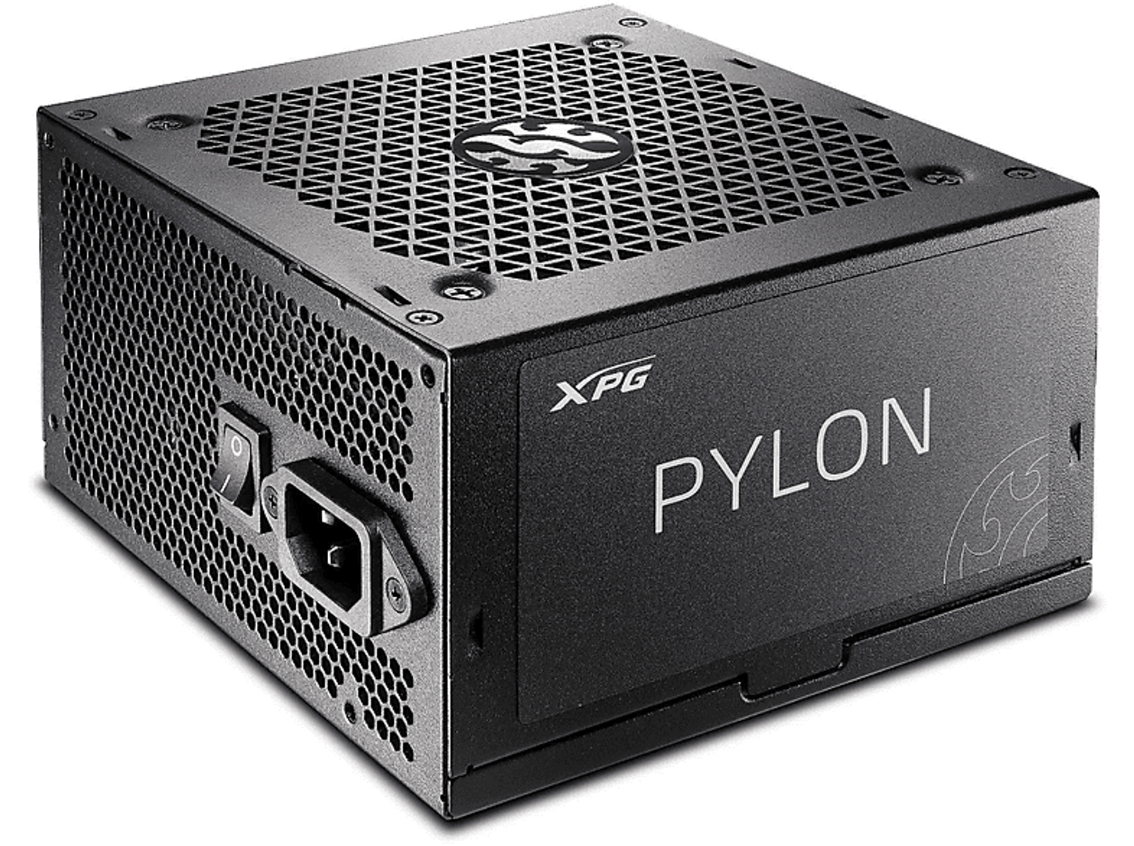 Czarny zasilacz z napisem 'PYLON' i 'XPG'.