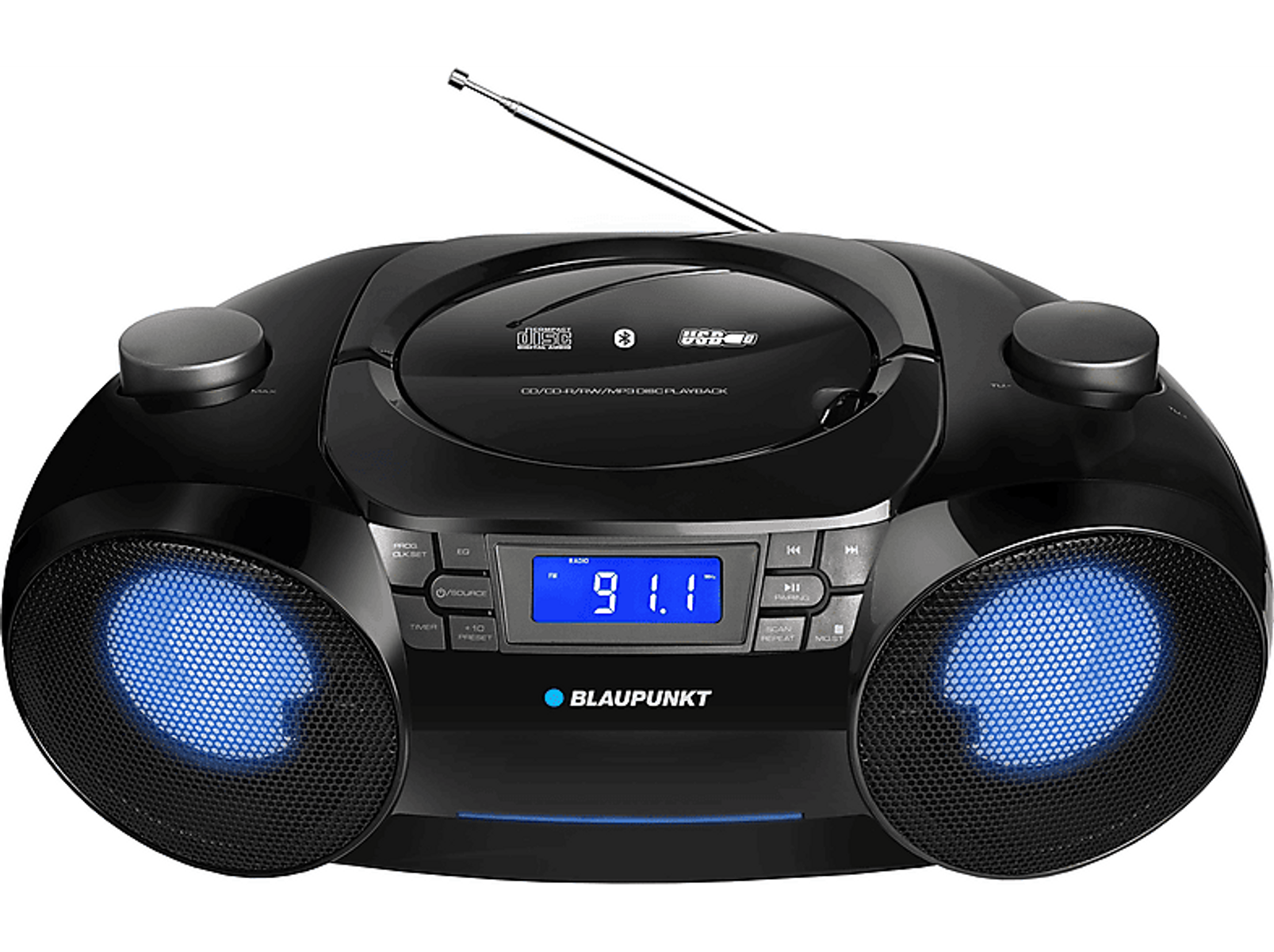 Schwarzer Blaupunkt CD/MP3/Radio-Boombox mit blauen Lautsprechern und Display.