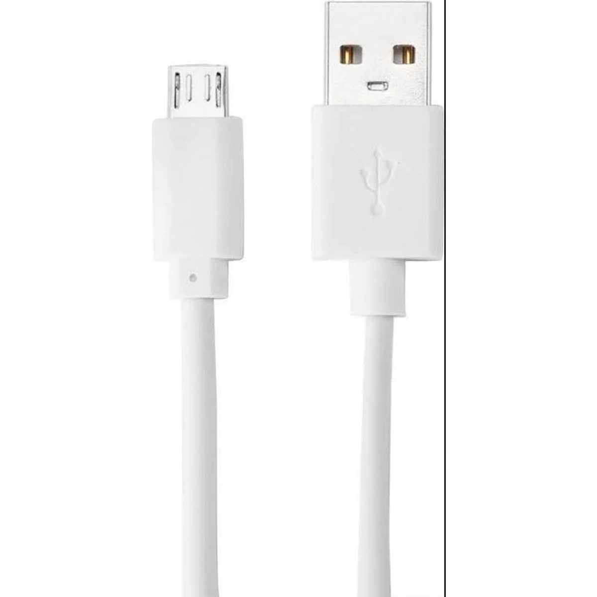 Biały kabel USB, ze złączami USB i micro USB, na białym tle.