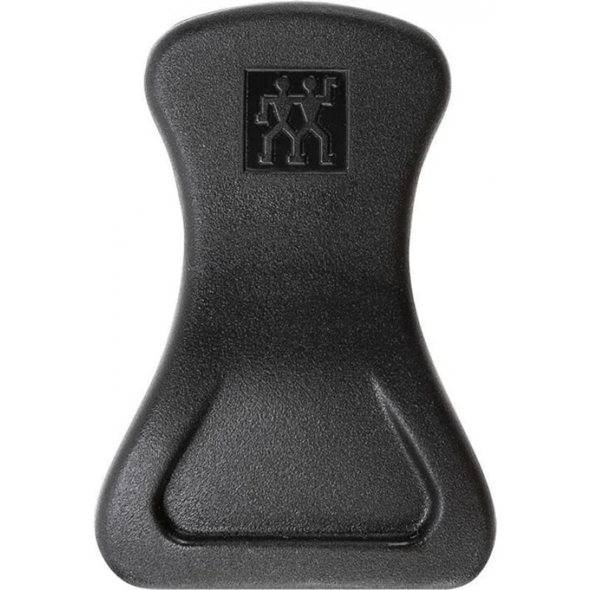 Czarny plastikowy przyrząd kuchenny z logo, do otwierania słoików.