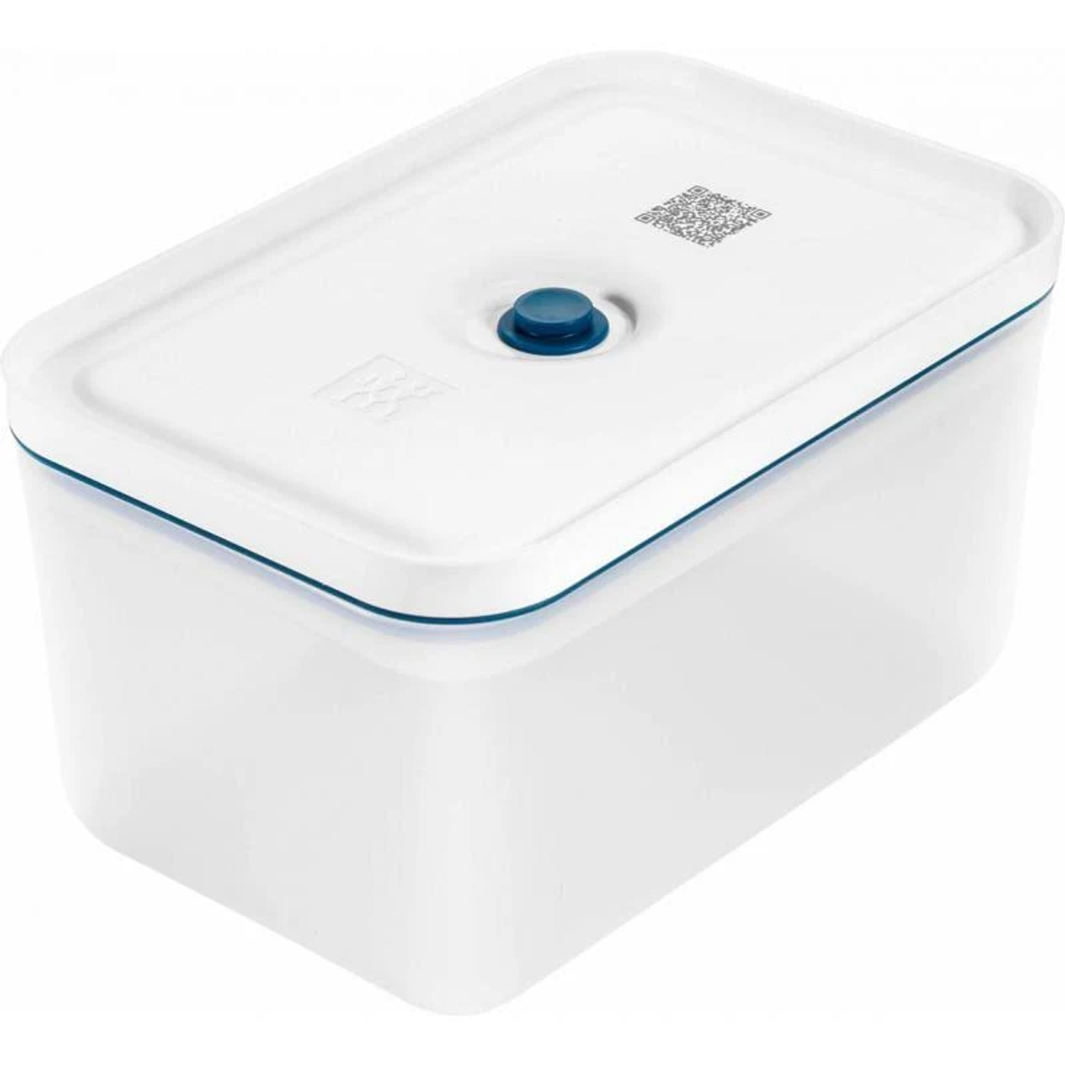 Biały, prostokątny pojemnik do przechowywania żywności z białą pokrywką i niebieską uszczelką.