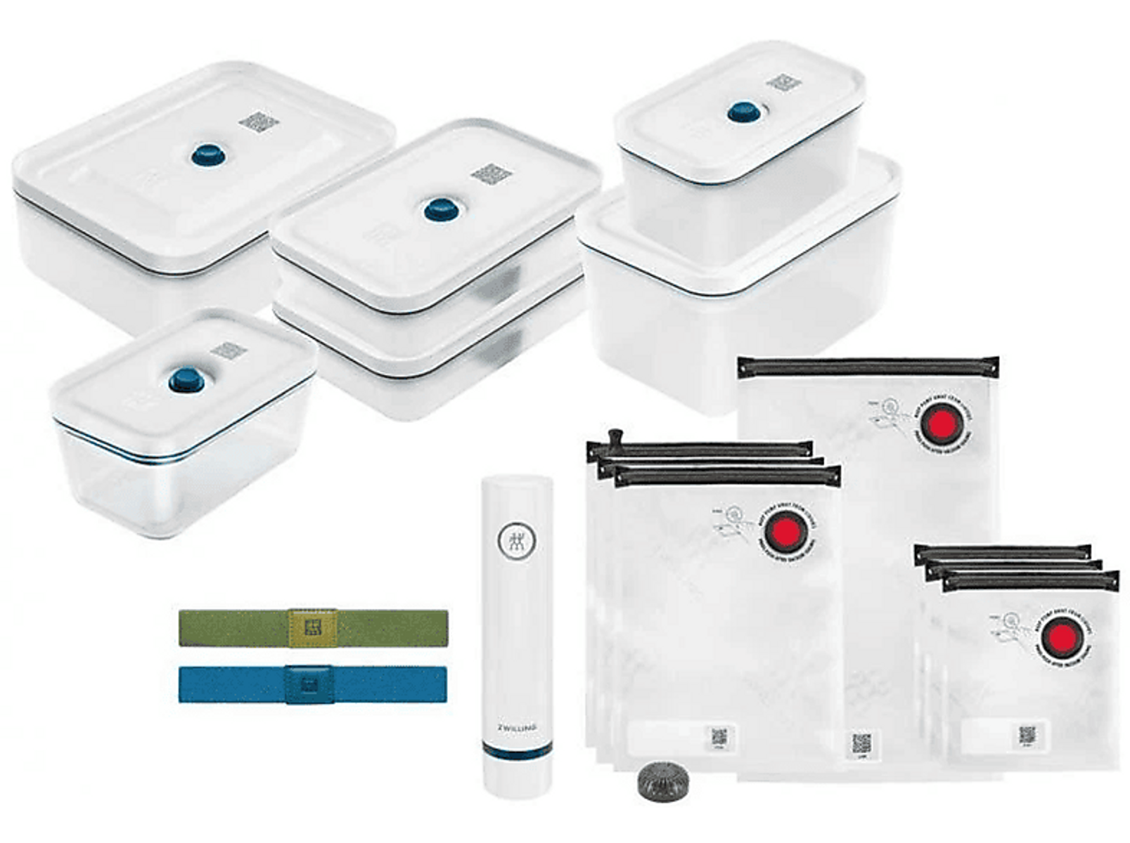 Białe pojemniki i worki próżniowe z pompką ręczną oraz dwiema zielono-niebieskimi uszczelkami.