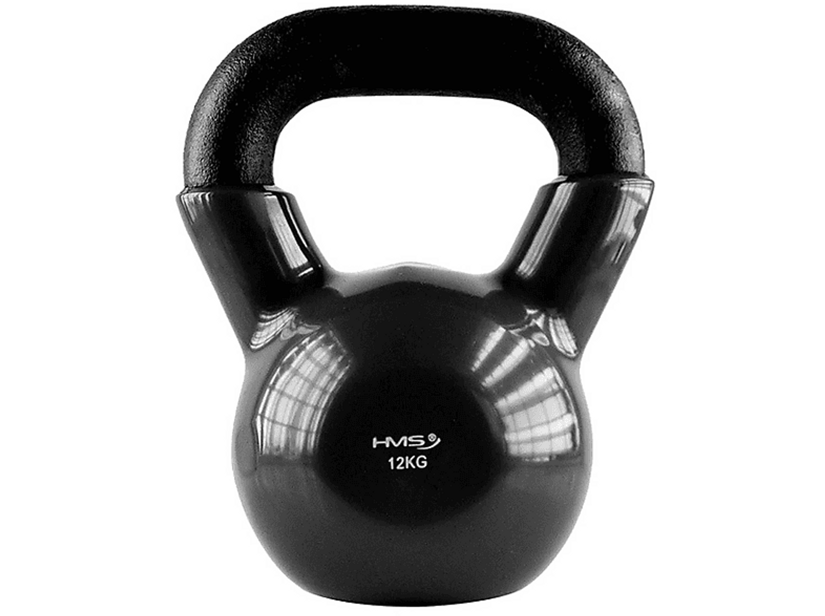 Schwarze Kettlebell mit HMS-Logo und der Aufschrift '12KG'.