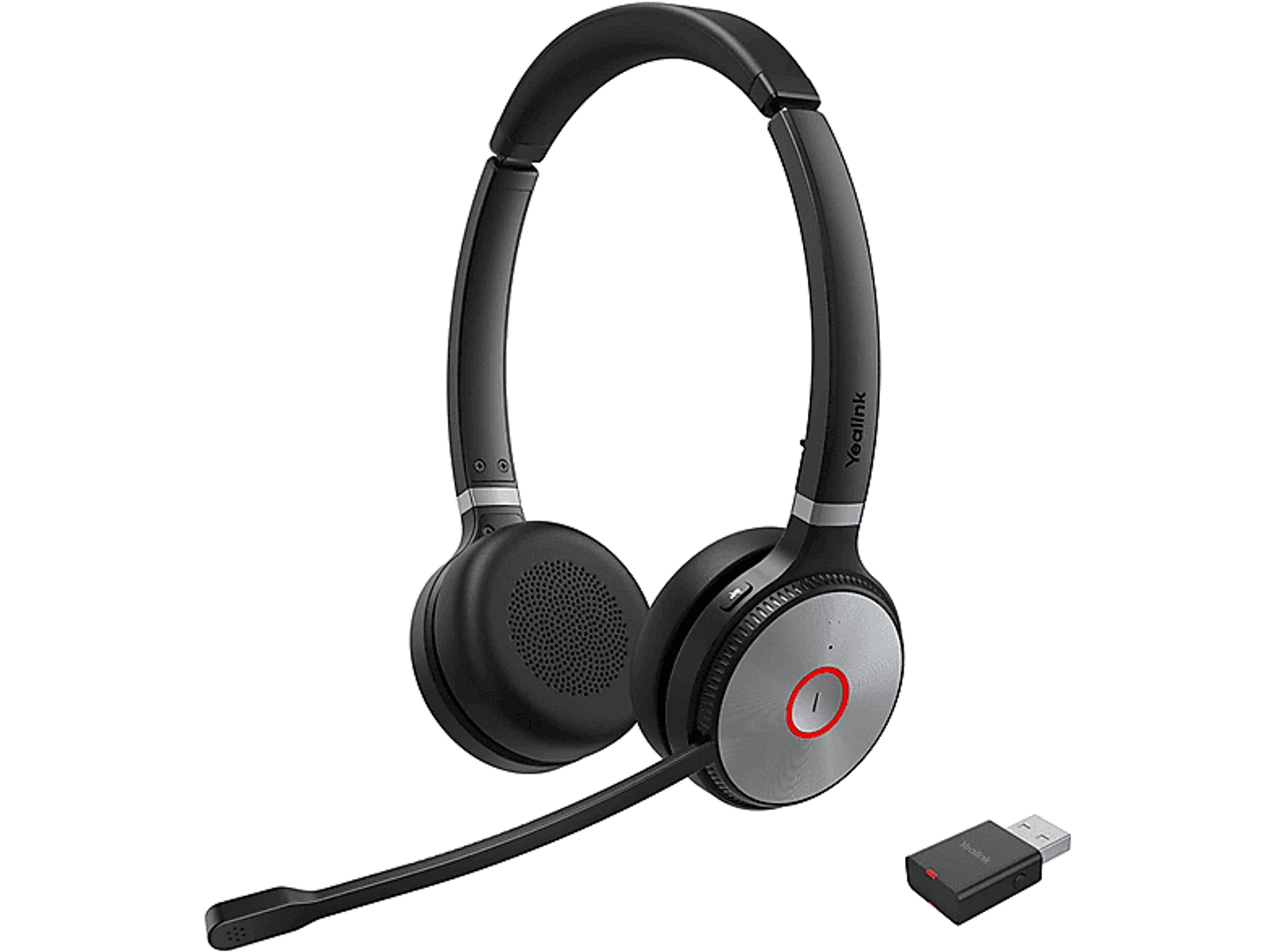 Black and silver wireless headset with a microphone and USB dongle.