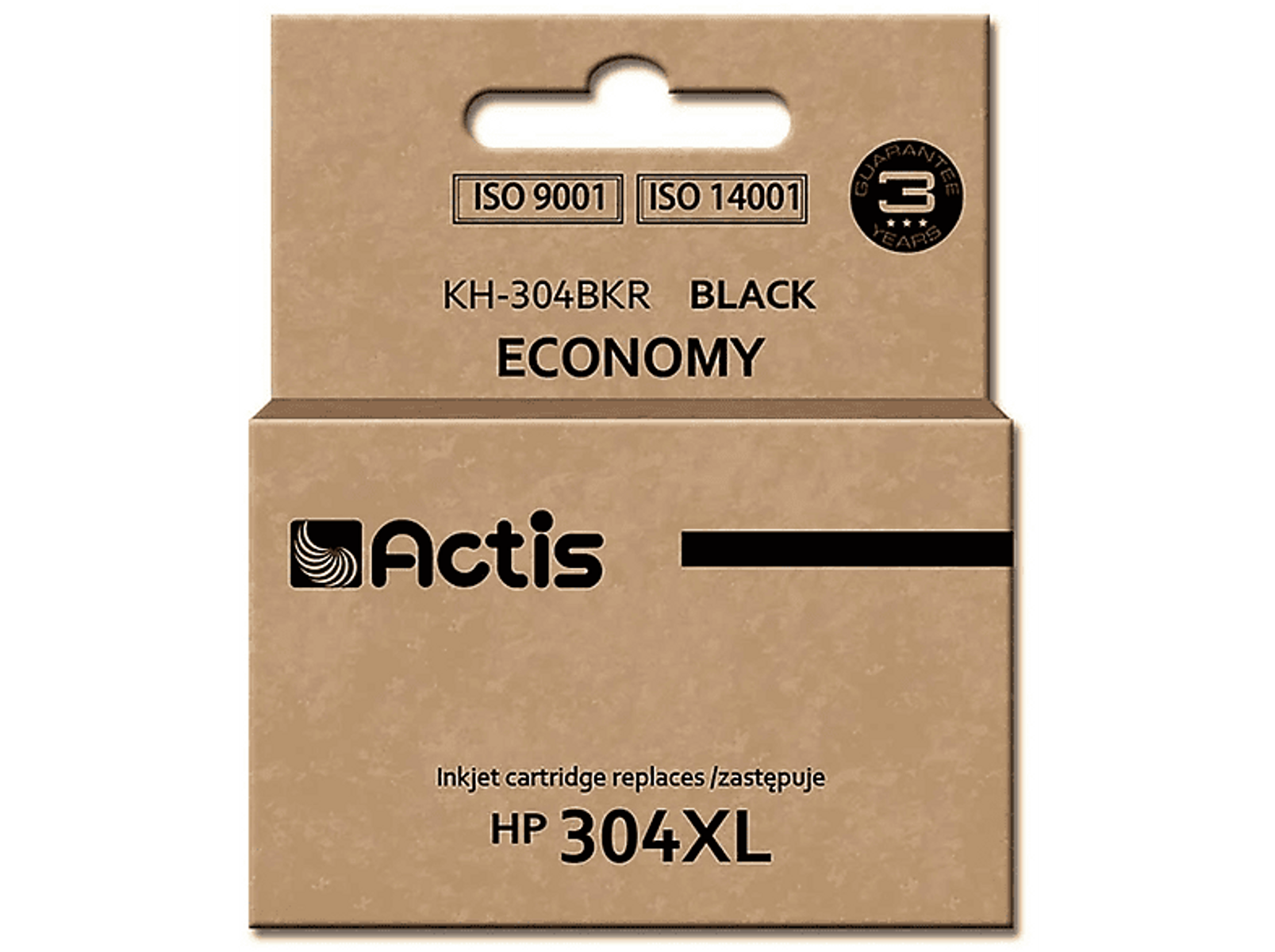 Brązowe pudełko z wkładem atramentowym Actis, tekst: KH-304BKR CZARNY ECONOMY, zastępuje HP 304XL.