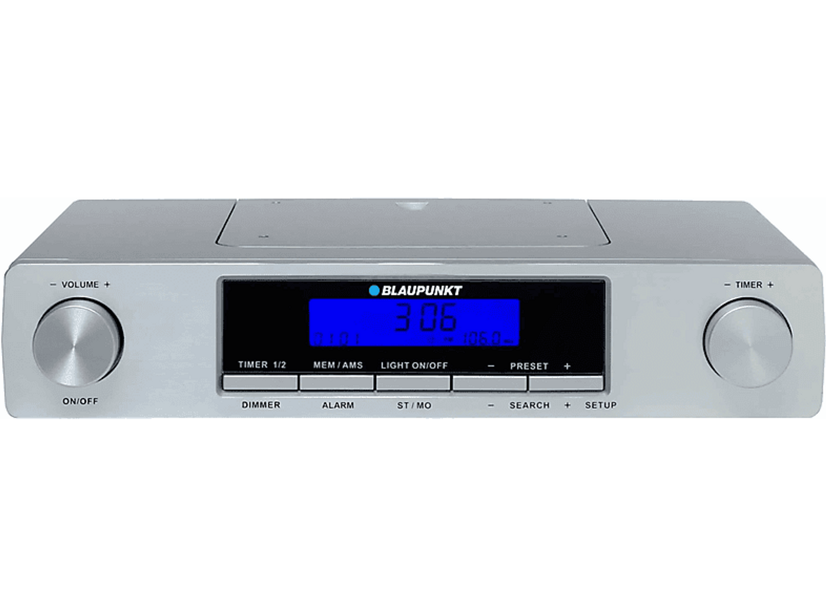 Srebrne radio retro z niebieskim wyświetlaczem cyfrowym i przyciskami, czarne tło.